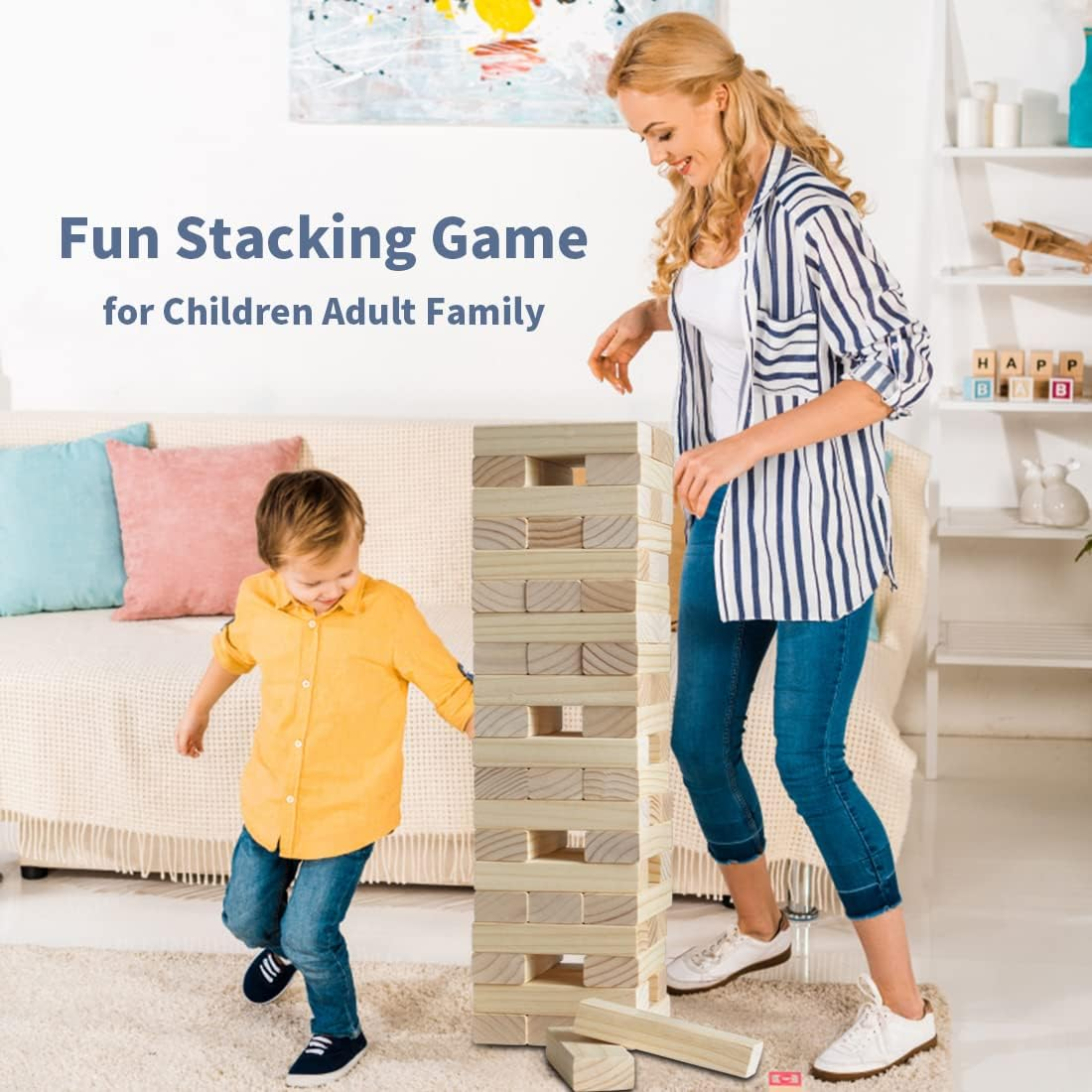 Megwoz Giant Tumble Tower, Stacking Backyard Game with 1 Dice|Scoreboard| Carrying Bag, Premium Pine Wooden Block Game Set for Kids Adult Family- 48 Pieces (1.5Ft to over 3.5Ft ) image number 4