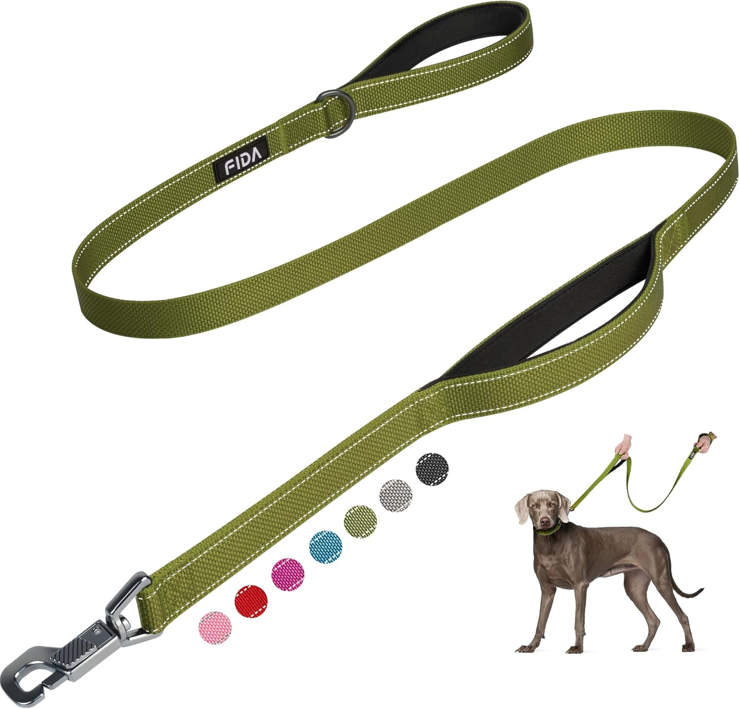 Fida Dog Leash Traffic Padded Two Handles, Advanced Easy Clasp, Heavy Duty Reflective Leashes for Control Safety Training, Walking Lead for Small to Large Dogs, 4 Ft, Green
