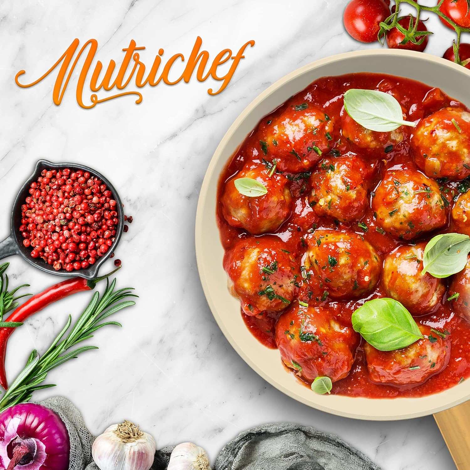 Nutrichef 8&rdquo; Small Fry Pan - Professional Home Cookware Small Skillet Nonstick Frying Pan with Golden Titanium Coated Silicone Handle, Ceramic Coating, Stain-Resistant and Easy to Clean image number 5