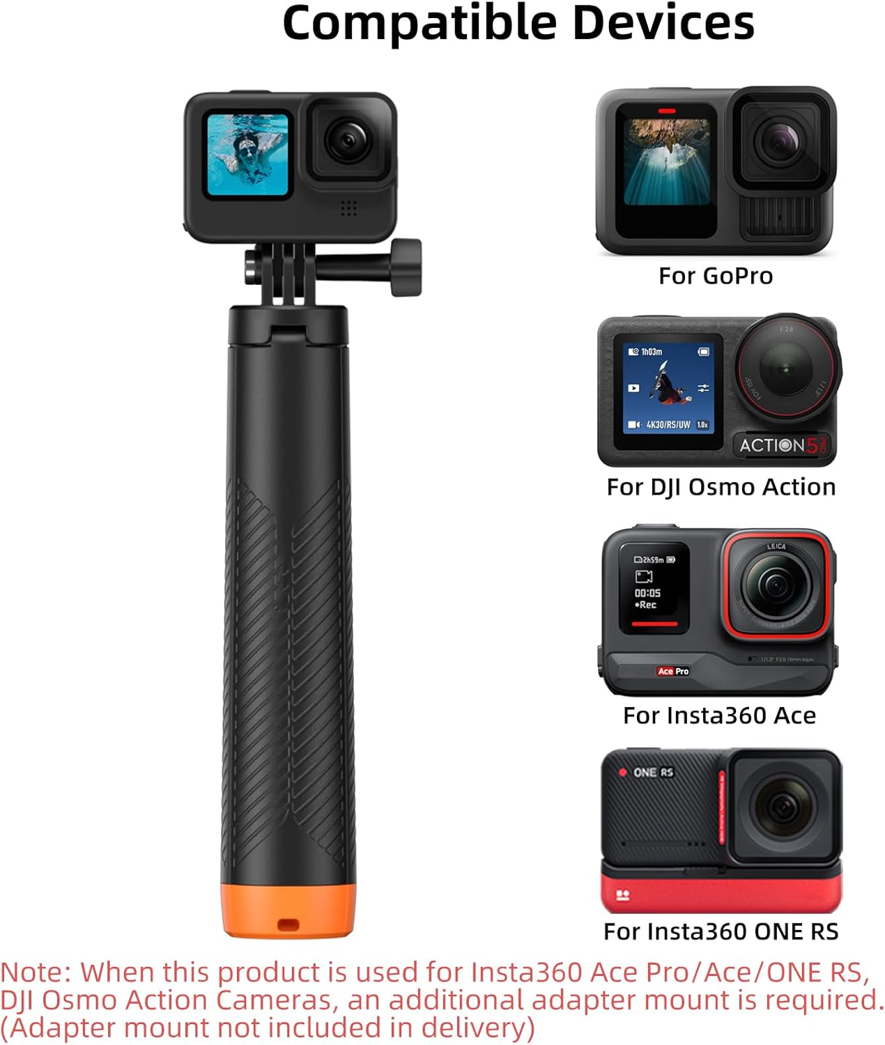 Floating Handle Selfie Stick Tripod, Waterproof Telescopic Hand Grip/Monopod for Go Pro Hero 13/12/11/10/9, DJI Osmo Action 5 Pro/4, Insta360 Ace Pro, AKASO EK7000 and Other Action Cameras image number 1