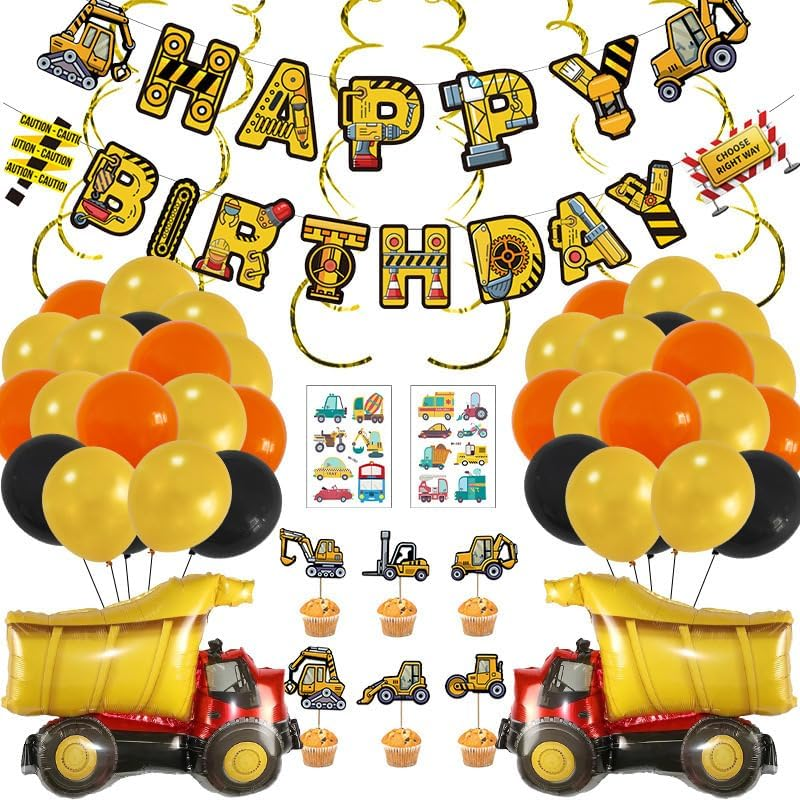 Engineering Vehicle Theme Birthday Party Decoration Balloon Set, Orange/Yellow/Black（52 PCS） image number 3