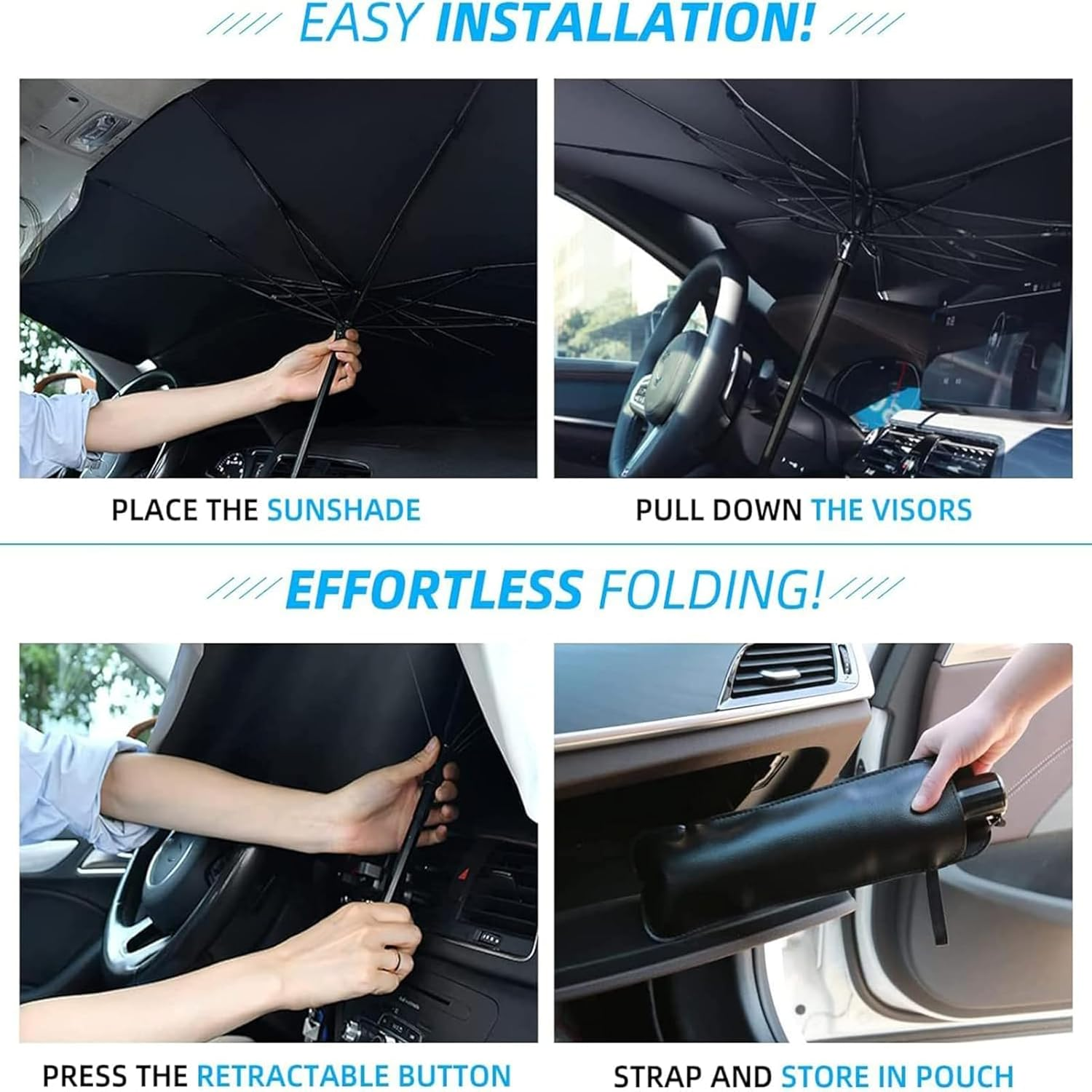 Car Windshield Sunshade Umbrella,Foldable Front Window Sunshade, UV Protection Sun Shade Umbrella with 2 Side Window Suns,Windshield Cover 55"X31"For Most Car image number 3