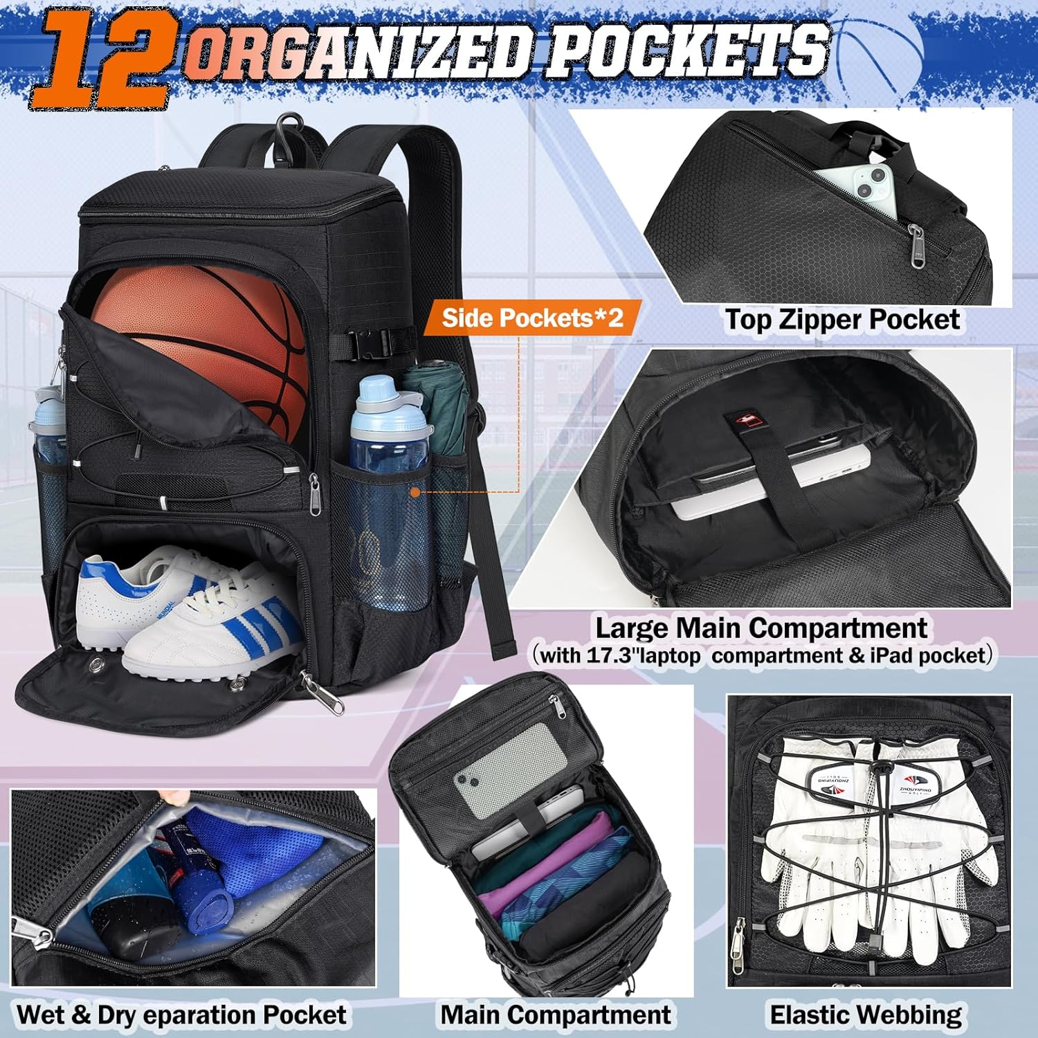Basketball Backpack 45L Basketball Bag with Separate Ball Holder & Shoes Compartment Water Resistant Sports Bag Basketball Equipment Bags Fit Volleyball, Soccer, Swim, Gym, Travel - Gray image number 4
