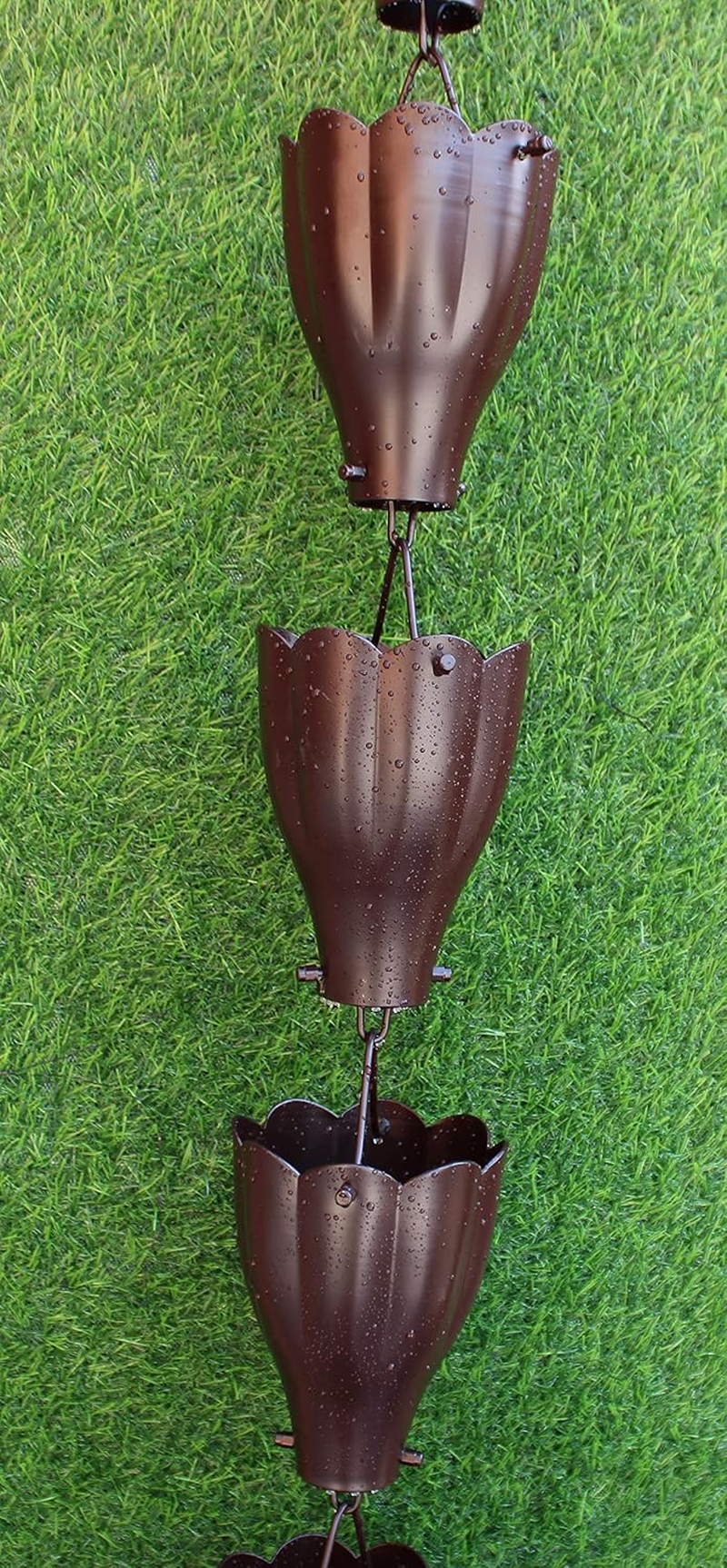 KAM Home XL Scallop Aluminium Cups Bronze Rain Chain (8.5Foot) with Brass Bolt Gutter Adapter for Rain Chain Installa, Standard image number 6