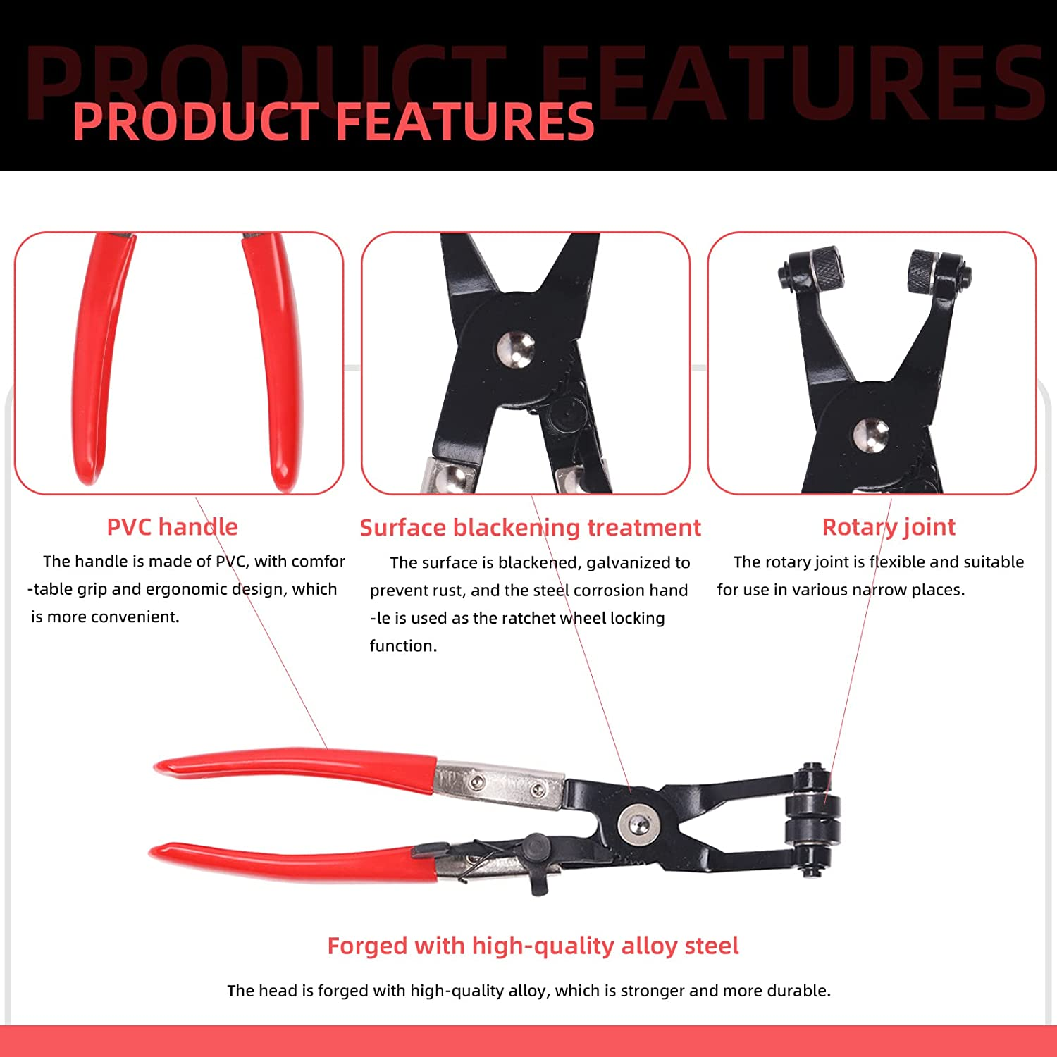 Glarks 9Pcs Red Flexible Hose Clamp Pliers Set, Long Reach Spring Wire Clip Plier Hose Clamp Pliers Remover Kit for Replacement of Fuel, Oil, Water Hose image number 5