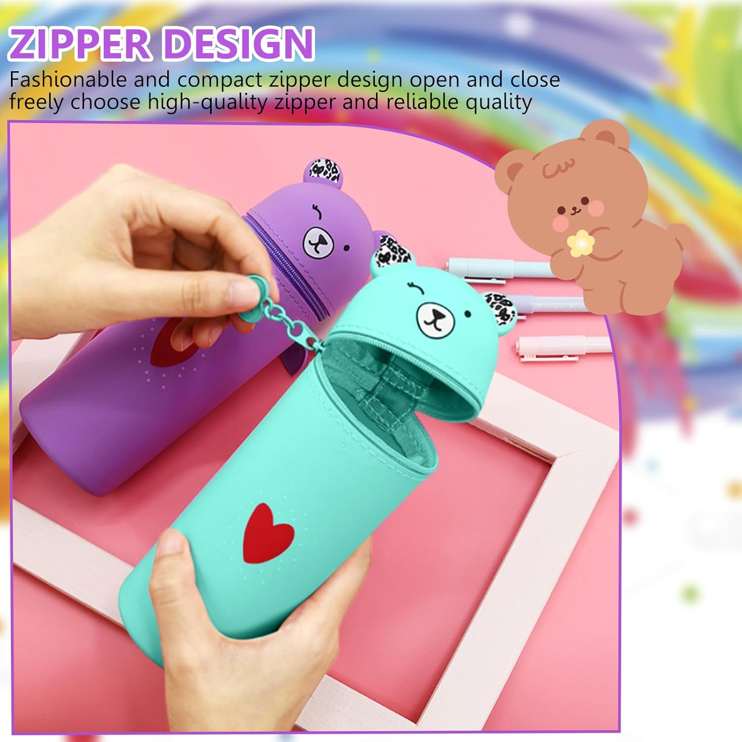 Cute Bear Style Large Stand up Pencil Case, Silicone Pouches Big Capacity Pencil Case, Cup Pencil Case in Soft Silicone, Animal Pencil Pouch Holder for Kids Students Adults School Office image number 2