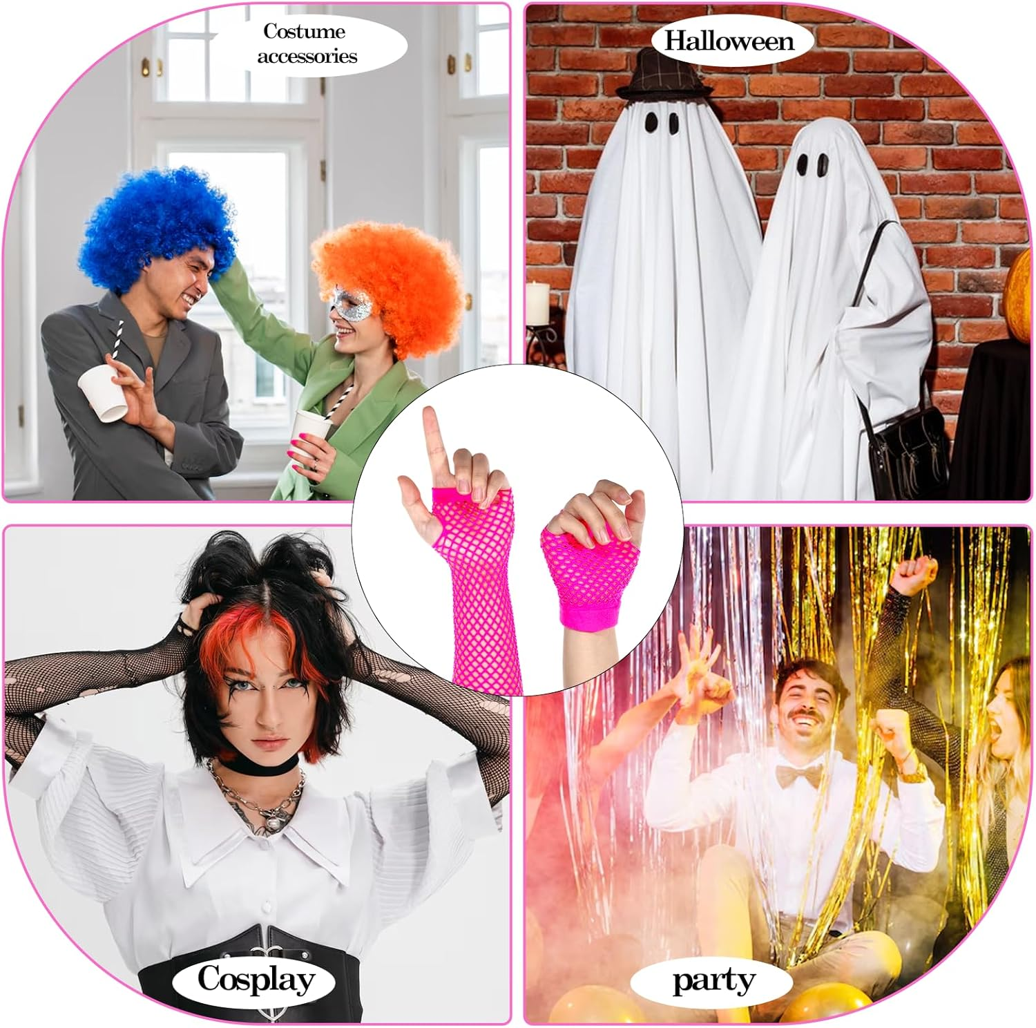 Skrfren 2 Pairs Fishnet Gloves Fingerless for Women, Women'S Mesh Emo Fingerless Arm Fishnet Gloves for 80S Costume Theme Party, Fish Net Arm Sleeve Mesh, Hot Pink, Long&Short image number 3