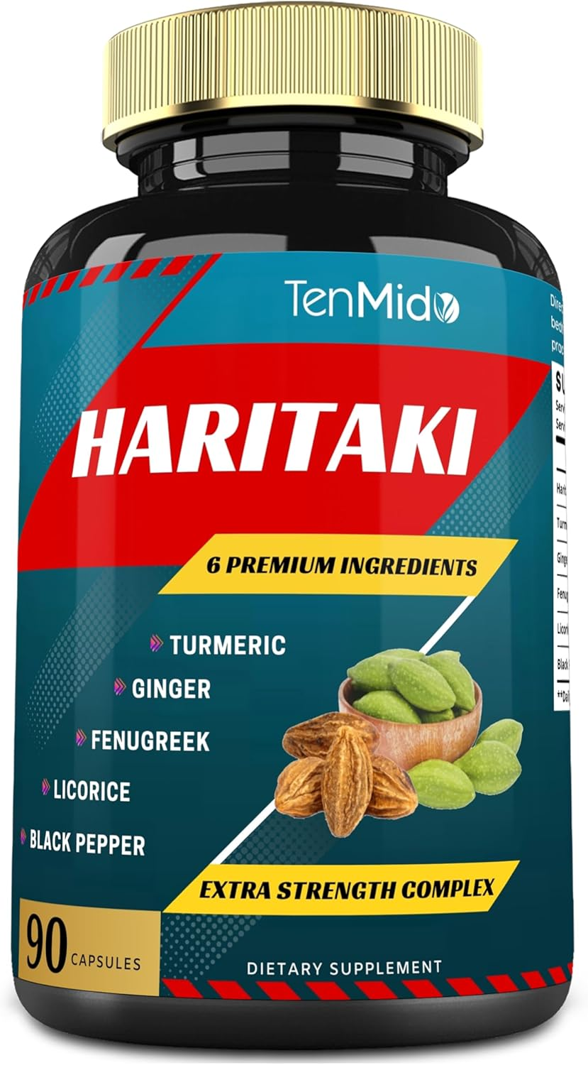 Haritaki Supplements Extract Capsules with Turmeric, Ginger, Fenugreek, Licorice, Black Pepper | Nourishes, Rejuvenates Body | 3 Months Supply, 90 Capsules