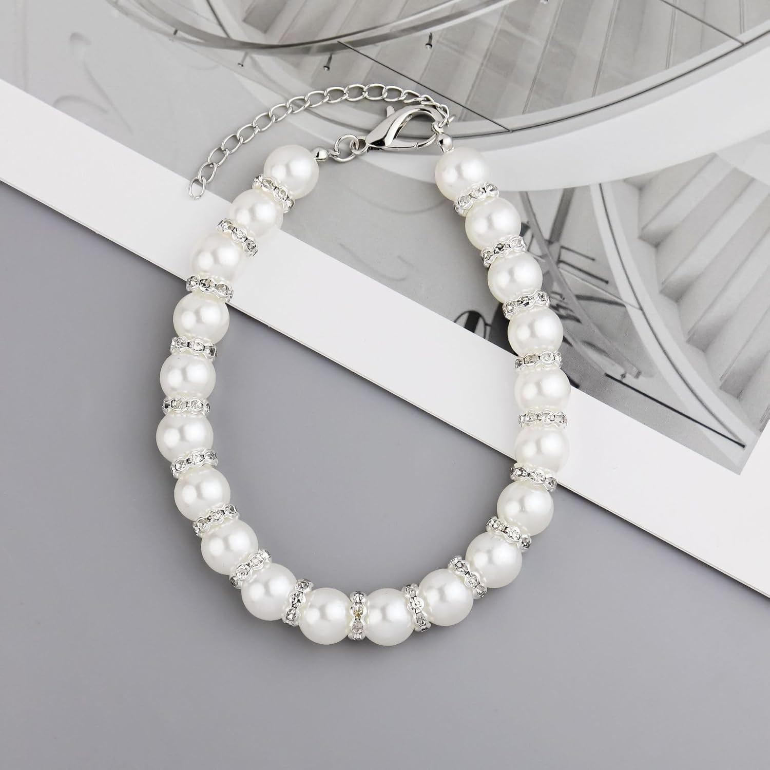 Dog Cat Pearl Collar,Rhinestones Cat Necklace Collar Cute Pearl Crystal Dog Collar Pearl Diamond Dog Necklace Jewelry for Small Dog Cat Wedding Birthday Party (White, M) image number 1