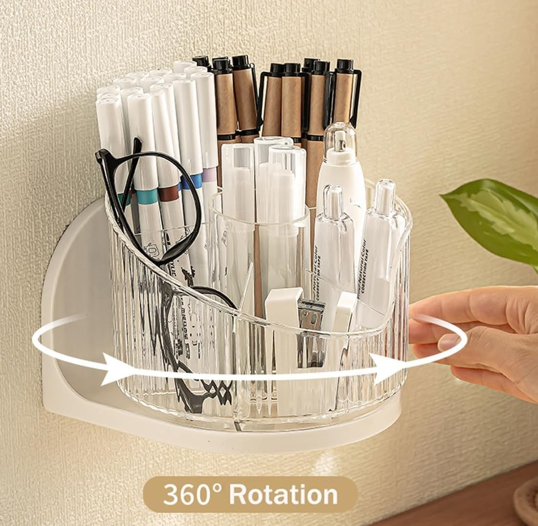 Rotatable Wall-Mounted Makeup Brush Storage Organizer, 360-Degree Spin Cosmetic Holder Eyeliner, Lipstick, Beauty Tool Rack for Bathroom (Transparent, 15 * 16 * 11.5CM) image number 1