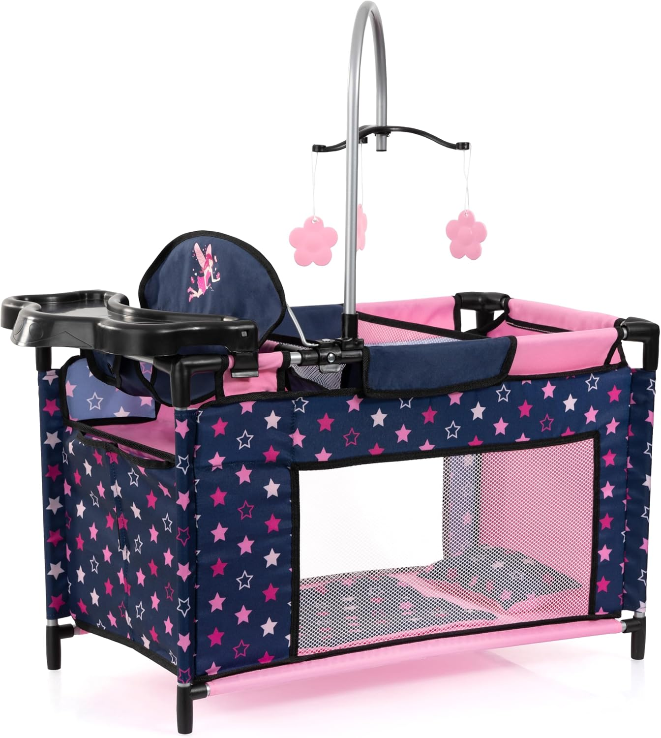 Bayer Design 62660AA Doll'S Bed with Cupboard, Seat, Mobile, Shelf, Duvet, Cushion, Black, Pink