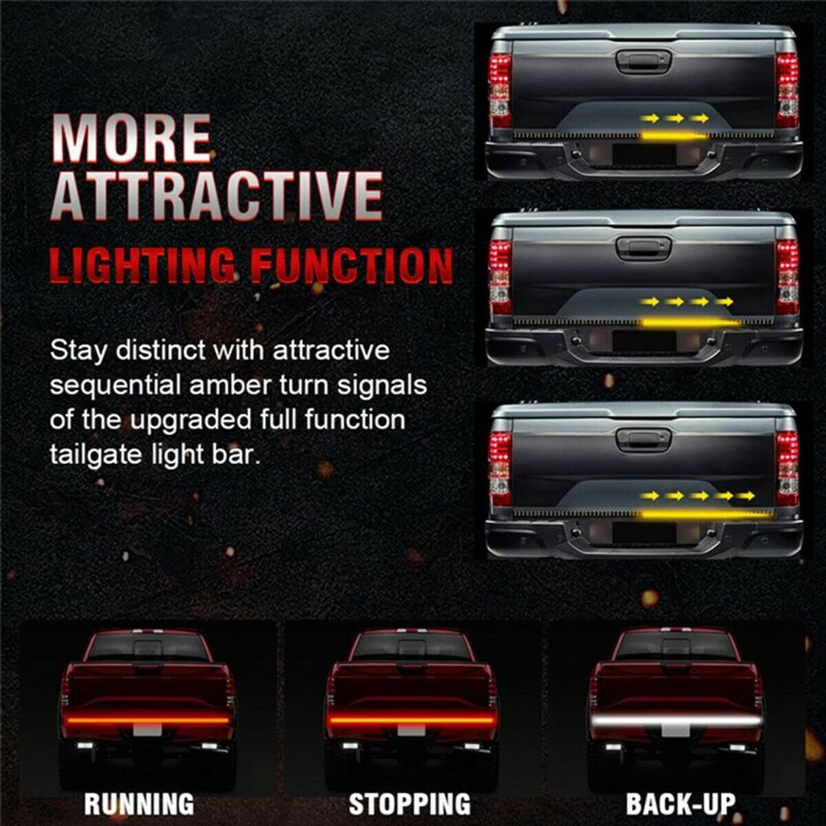60In LED Tailgate Light Bar Strip for Pickup Truck 3-Color Red White Yellow Switchback, Sequential Turn Signal, Reverse, Brake, Tail Light Kit image number 6
