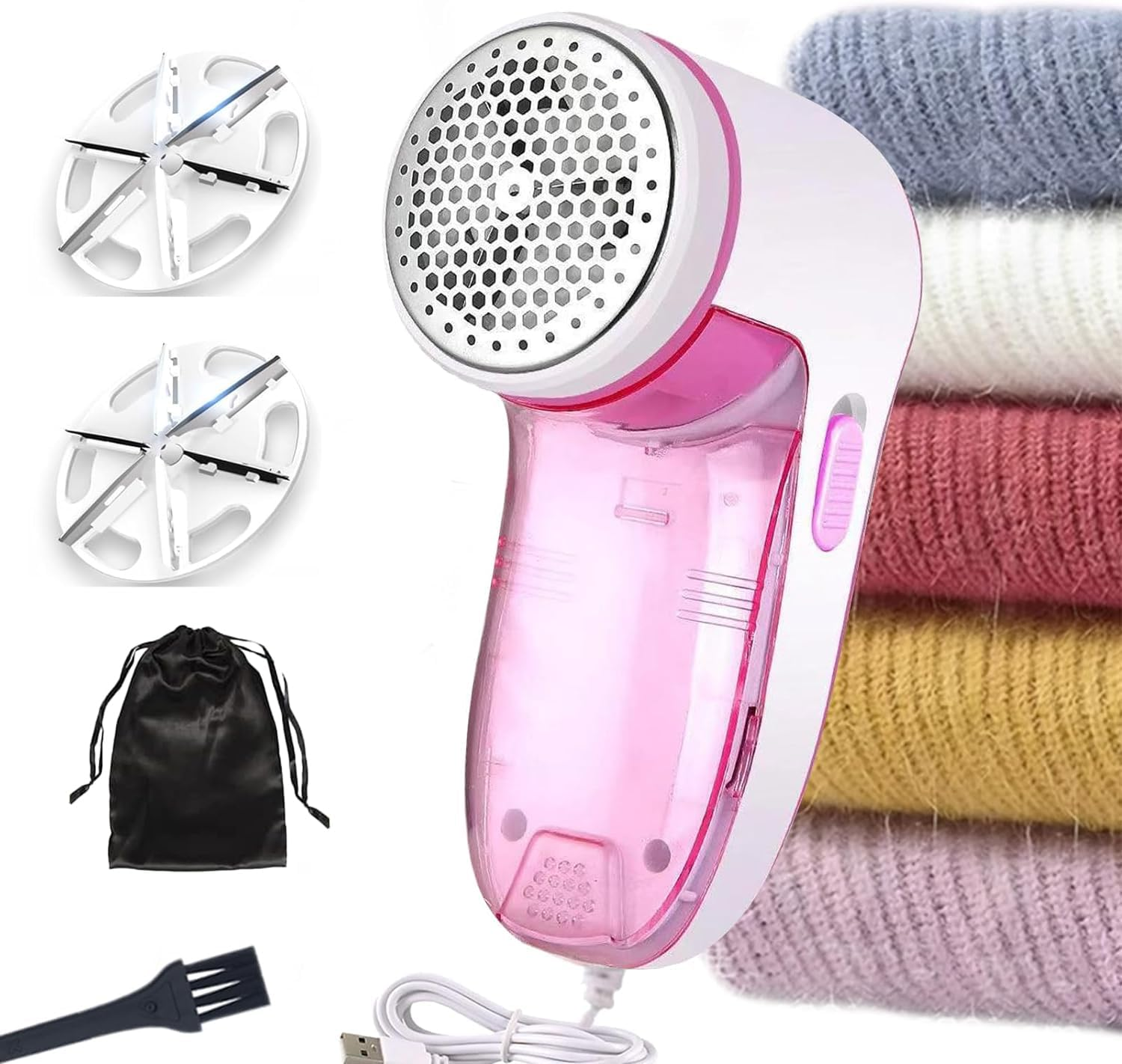 LEIAOLY Fabric Shaver and Lint Remover, Sweater Defuzzer with 2 Replaceable Stainless Steel Blades,Usb Rechargeable,Electric Lint Shaver with 6-Leaf Blades Remove Clothes Fuzz, Lint Balls, Pills