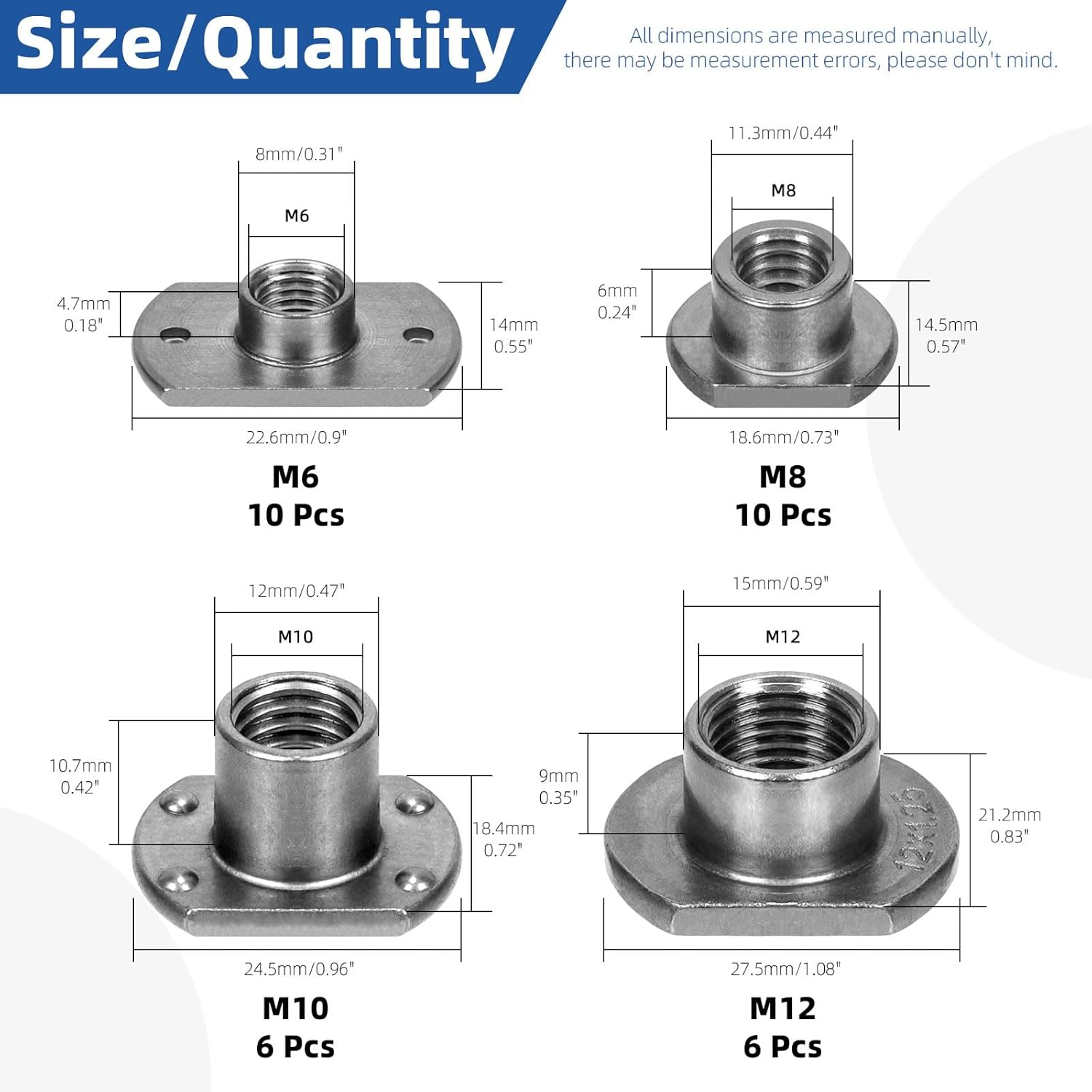 Glarks 32Pcs Weld Nuts Set, M6 M8 M10 M12 Tab Base UNC Carbon Steel Machine Screw T-Nuts 2 Projection 4 Projection for Furniture Vehicles Caster Industry Machine image number 1