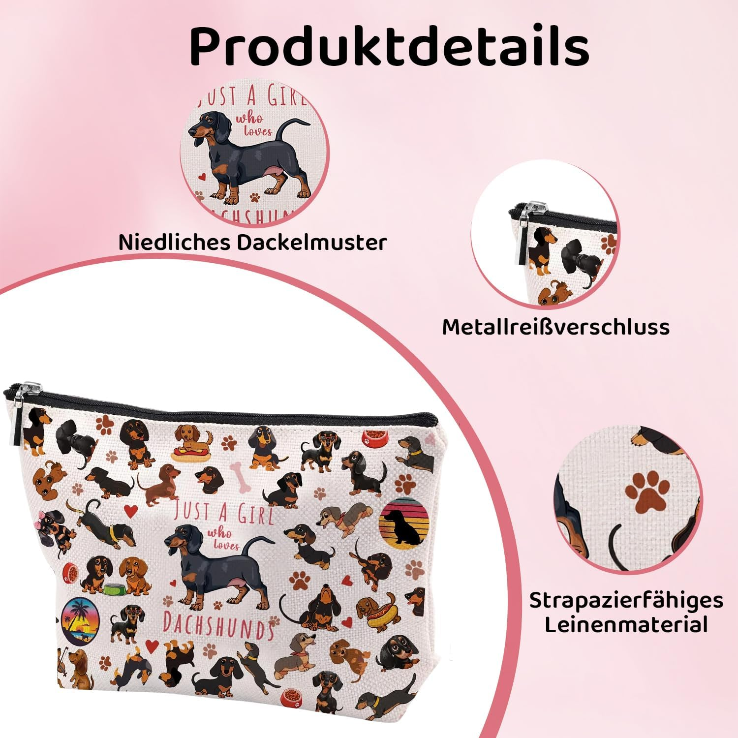 Cosmetic Bag for Girls Beautiful Dachshund Makeup Bag with Zip for Girlfriend Dachshund Gifts for Animal Lovers Portable Toiletry Bag Women for Travel Everyday Life (B) image number 2