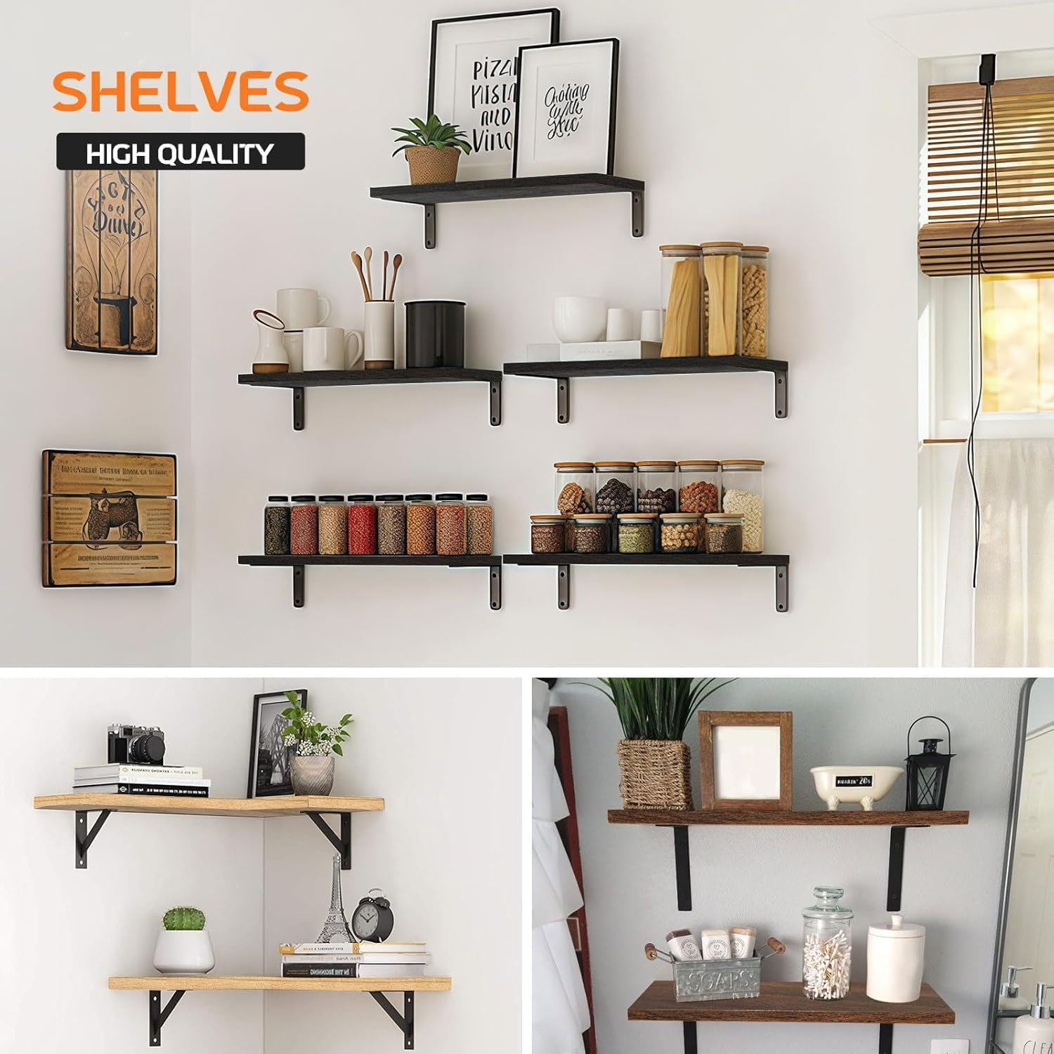 Floating Wall Shelves for Bedroom Decor Home Decor, Wall Storage, Book Shelf, Wall Mounted Rustic Wood Shelf for Books,Plants (Black, 4 Pack) - Black -4 Pack image number 5