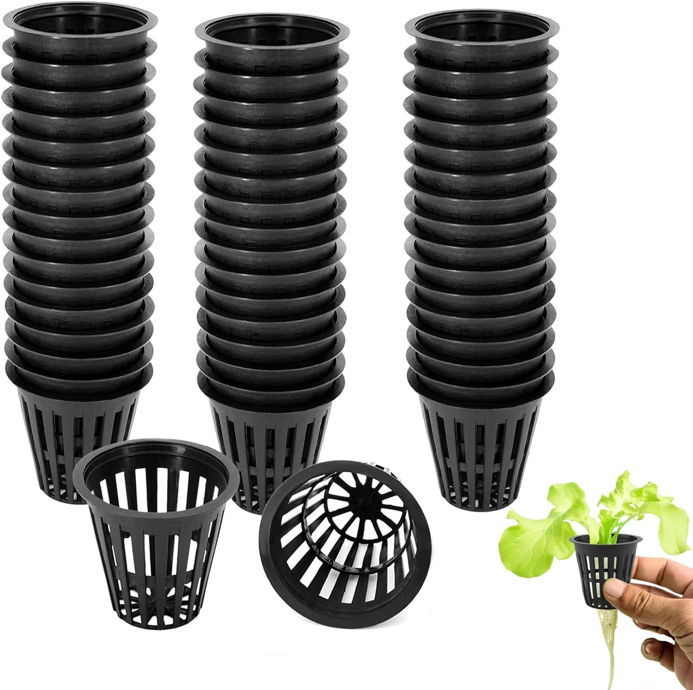 Yharnamite 50 Pcs Garden Slotted Mesh Net Cups, 2" round Hydroponic Net Pots Cups, Wide Lip Bucket Basket for Hydroponics for Hydroponics & Aquaponics, Indoor and Outdoor Plant Growth (Black-50)