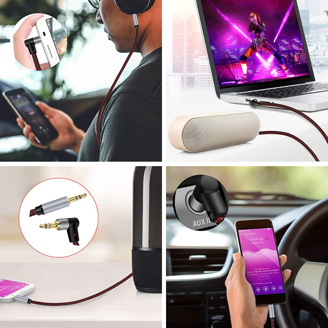 Tunghey 3.5Mm Audio Cable Hi-Fi Sound Stereo Nylon Braided Male to Male Aux Cord 90 Degree Aux Cable Gold Plated Compatible with Tablets Headphone Speakers Home Car Stereos (6M) image number 1