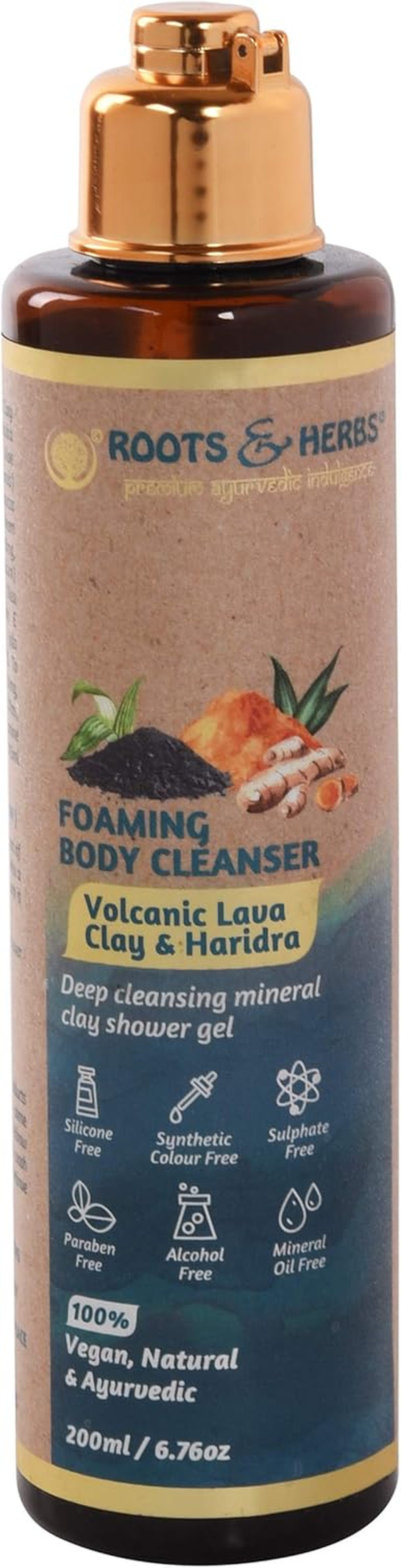 ROOTS & HERBS Ayurvedic Natural Treatment Foaming Body Cleanser (Volcanic Lava Clay & Haridra) Natural Ingredients 100% Vegan, No Parabens, Deep Cleansing, Exfoliation, and Nourishment 6.76Oz/(200 Ml) image number 4