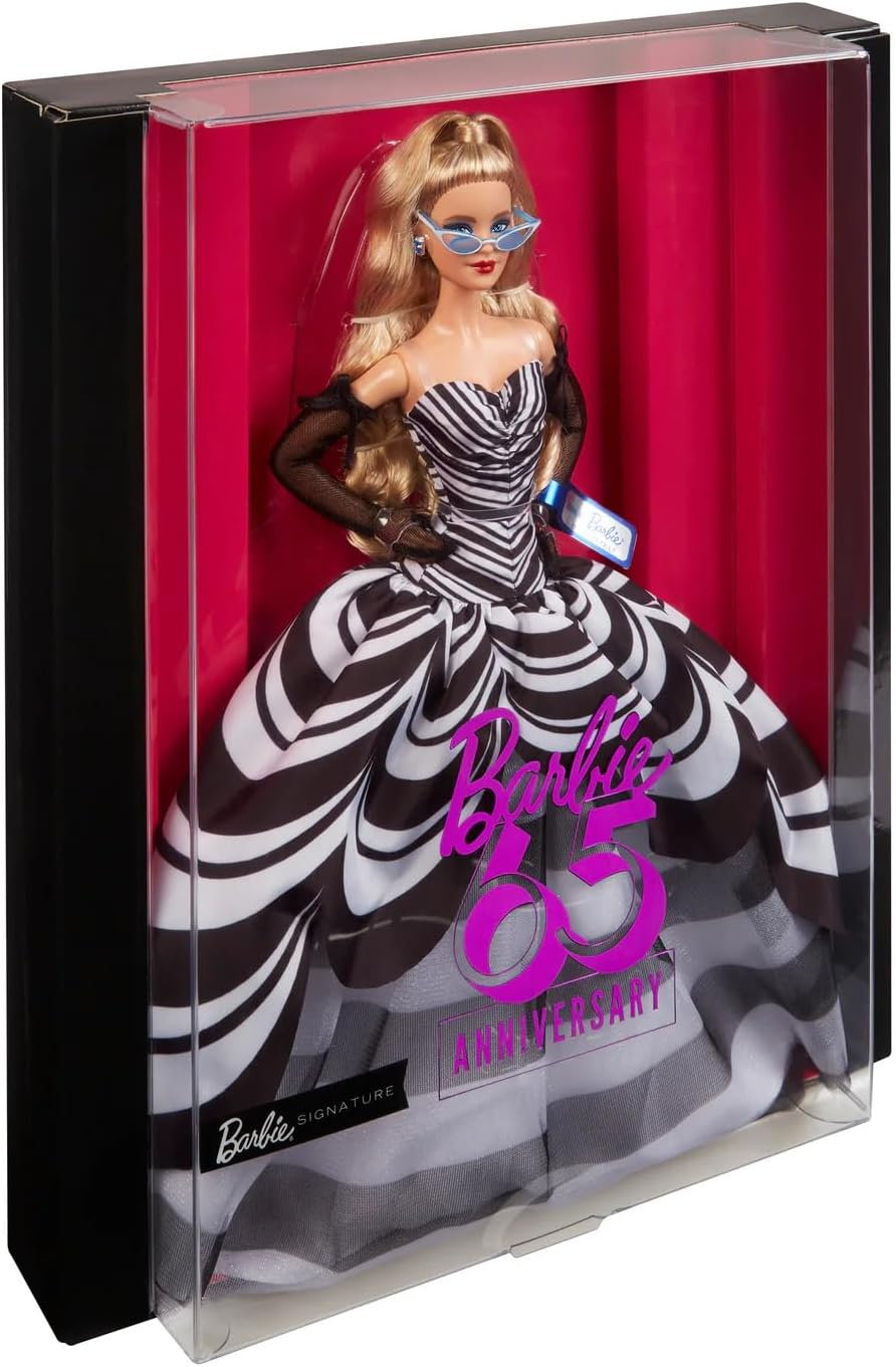 Barbie Signature Doll, 65Th Anniversary Collectible with Blonde Hair, Black and White Gown, Sapphire Gem Earrings and Sunglasses image number 2