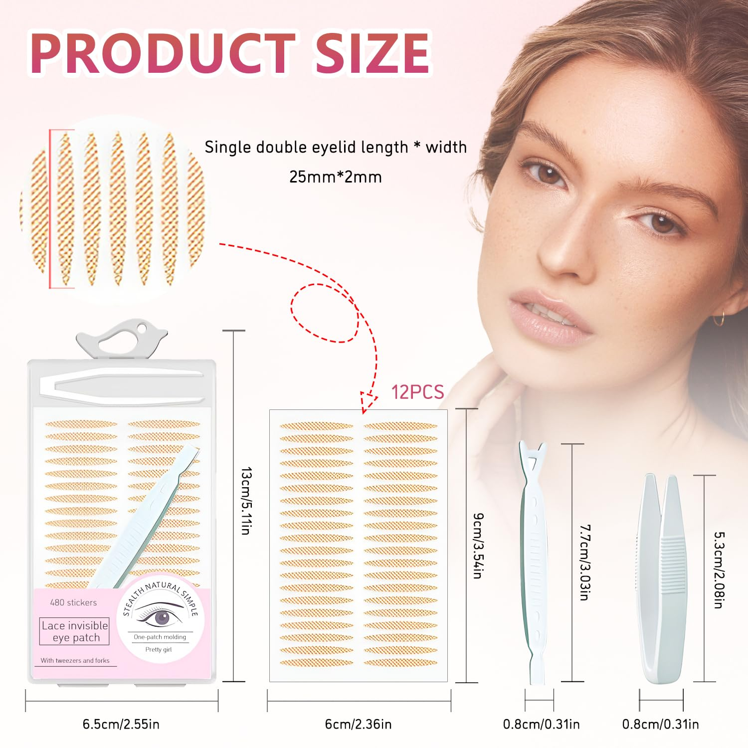 TORMEN 240 Pairs Double Eyelid Lift Strips, Waterproof,Invisible Natural Lace Mesh with Forked Rods and Tweezers for Covered, Droopy, Single Eyelids, Fits Most Eye Shapes(Olive-Shaped) - Olive-Shaped image number 5