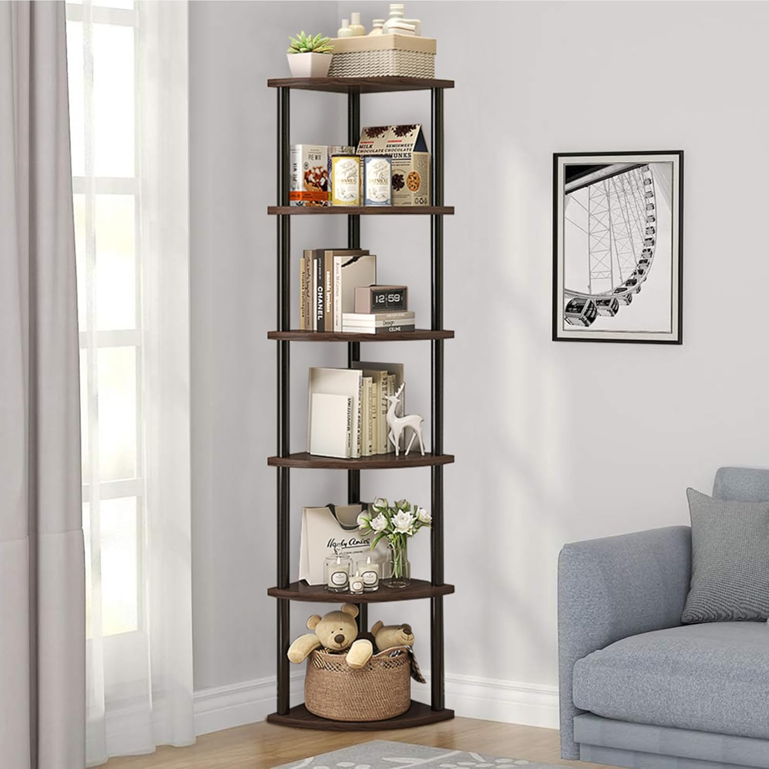 Corner Bookshelf, Storage Standing Shelf Unit with Metal Framecorner Shelf Stand, (Walnut, 6 Tier)