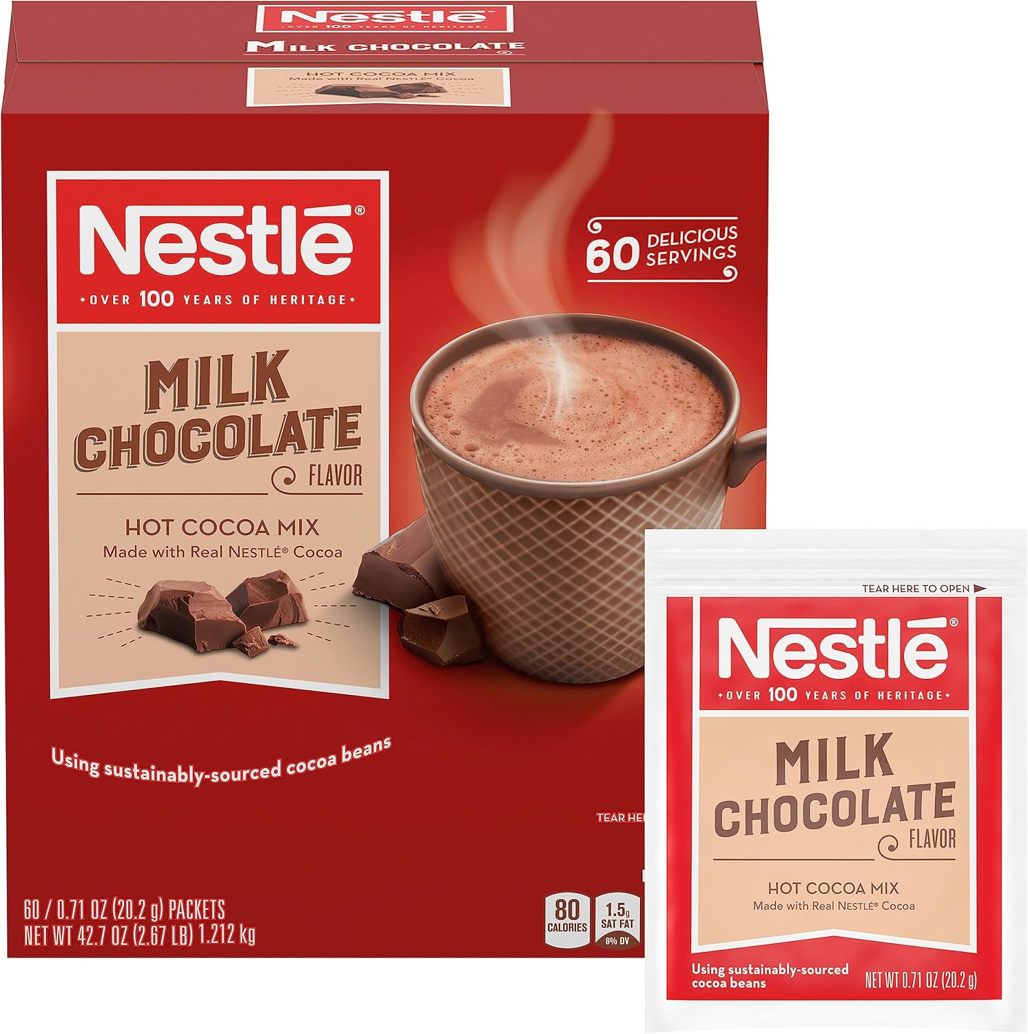 Nestle Hot Chocolate Packets, Milk Chocolate Flavor Hot Cocoa Mix, Made with Real Cocoa, Bulk Pack, 0.71 Oz Packet (60 Count) image number 1