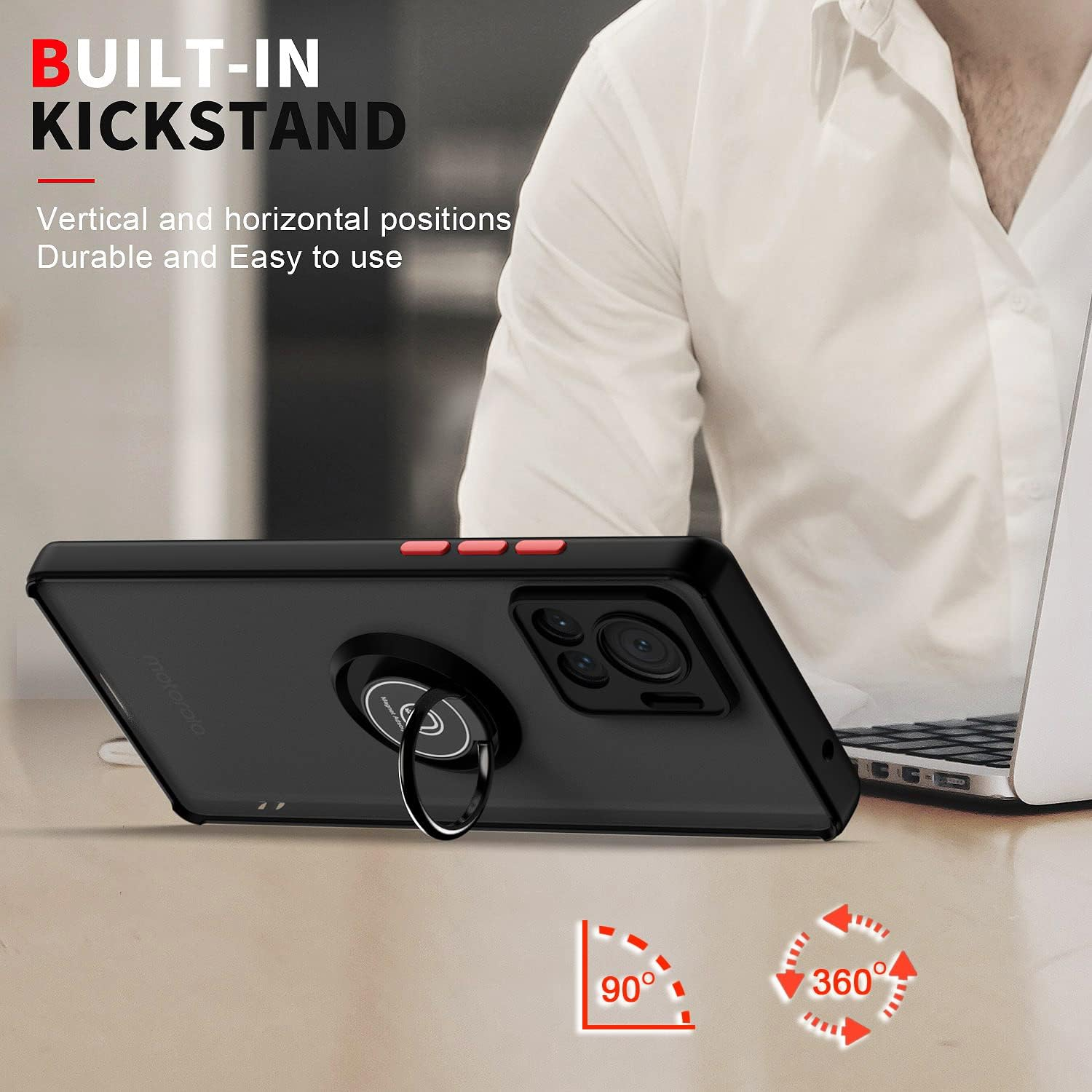 XINYEXIN Case for Motorola Edge 30 Ultra with Ring Stnad Shockproof Mobile Phone Case Anti-Scratch Translucent PC Back + Soft TPU Bumper Case Cover - Black image number 2