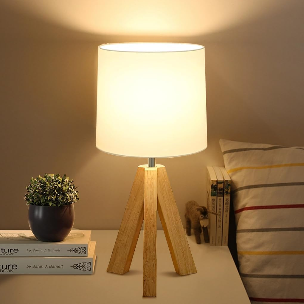 Clora beside Table Lamp, Wood Tripod Table Lamp with White Fabric Shade, Boho Nightstand Lamp, Minimalist Desk Lamp for Bedroom Living Room Nursery Kids Room Office Dorm, Bulb Included image number 4
