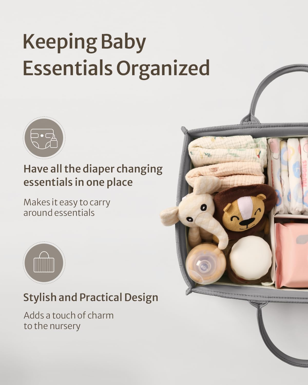 Baby Diaper Caddy Organiser, Large Nursery Storage Basket, Portable Nappy Organiser, Grey image number 3