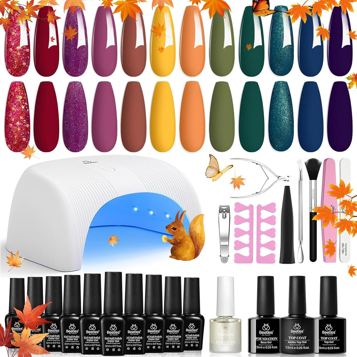 Beetles 28Pcs Gel Nail Polish Starter Kit with U V Light 36W LED Nail Lamp 12 Fall Gel Nail Polish Colors Gel Base Top Coat Pink Green Glitter Gel Polish Set Salon DIY Home Nail Decoration image number 4