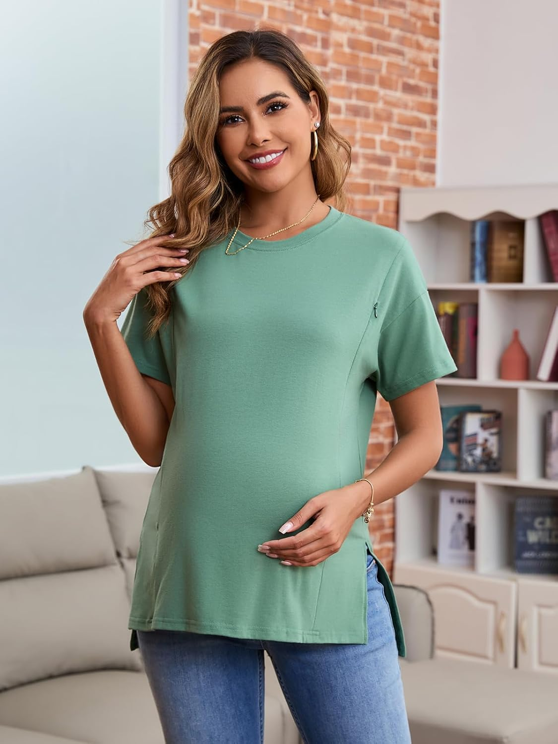 Ecavus Women'S Oversized Nursing Shirts for Breastfeeding with Hidden Zipper Short Sleeves Side Splits Maternity Tops image number 4