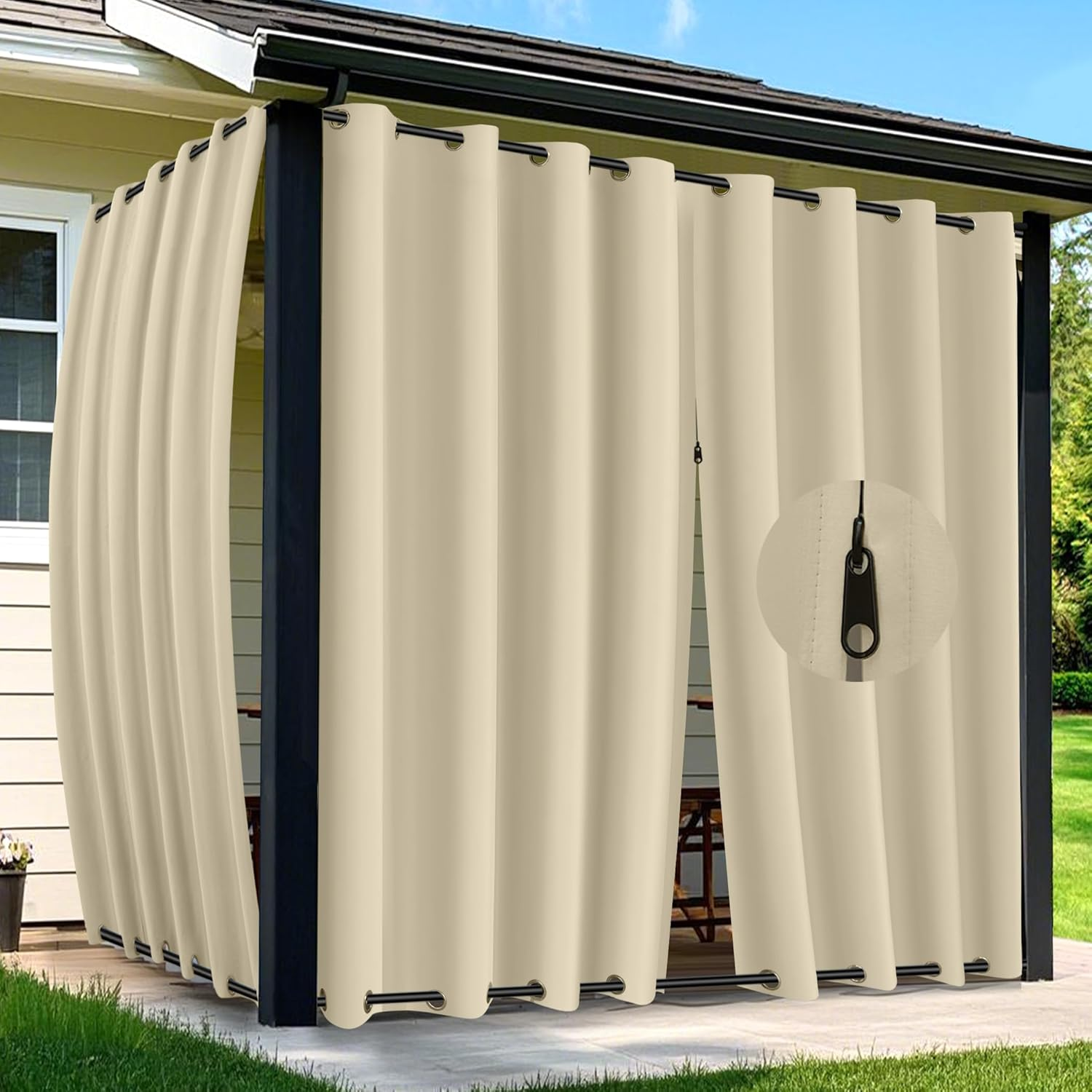 Arfntevss Outdoor Curtains for Patio Waterproof 2 Panels Blackout Extra Wide Curtains with Zipper Top & Bottom Grommet Sun Blocking Outdoor Privacy Drape for Gazebo Porch Pergola (110X96, Navy Blue)