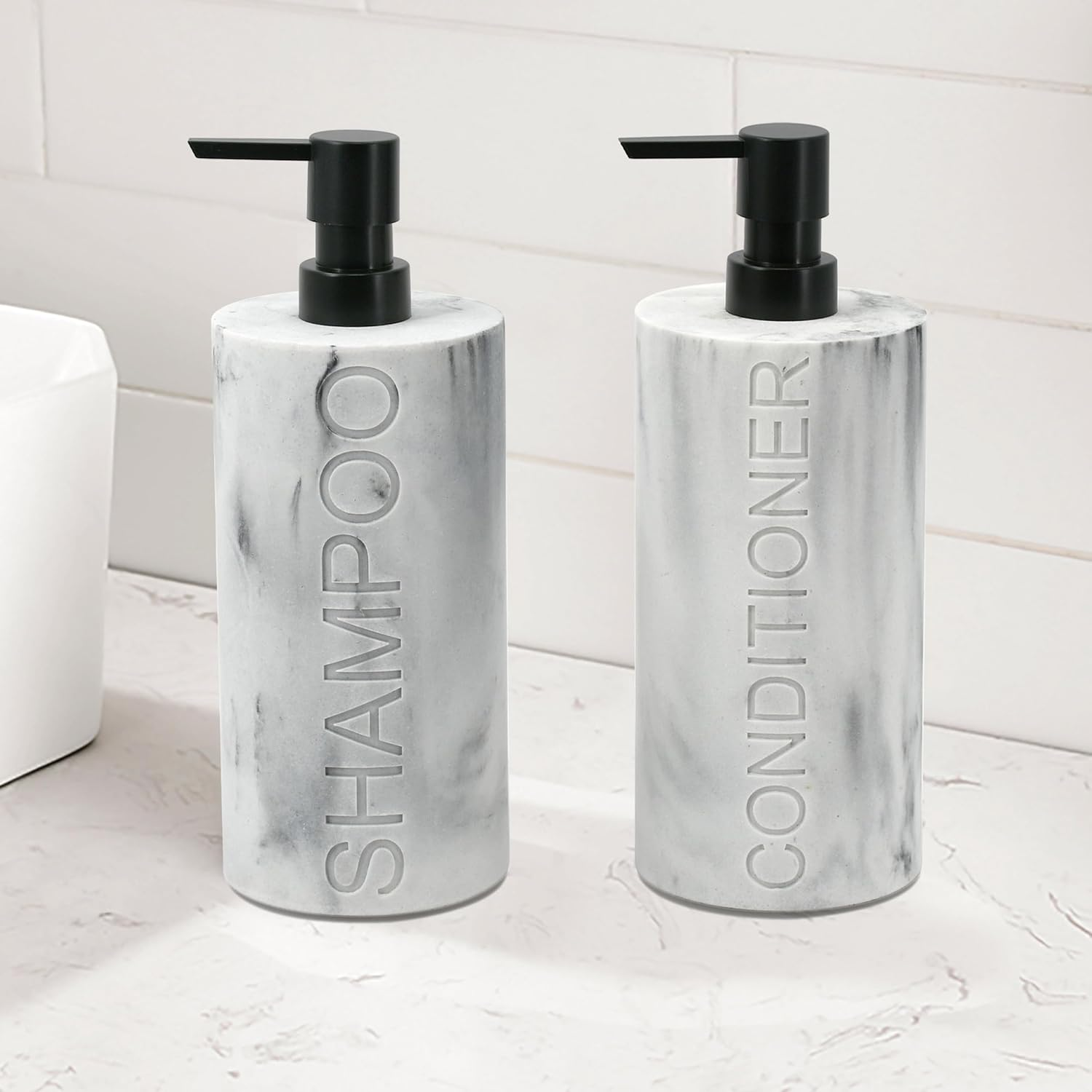 Indecor Home Marble Resin 2 Piece Shampoo and Conditioner Dispenser Set, Luxurious Refillable Pump Bottles with Matte Pump Top and Embossed Text, Durable Design for Bathroom and Shower image number 4