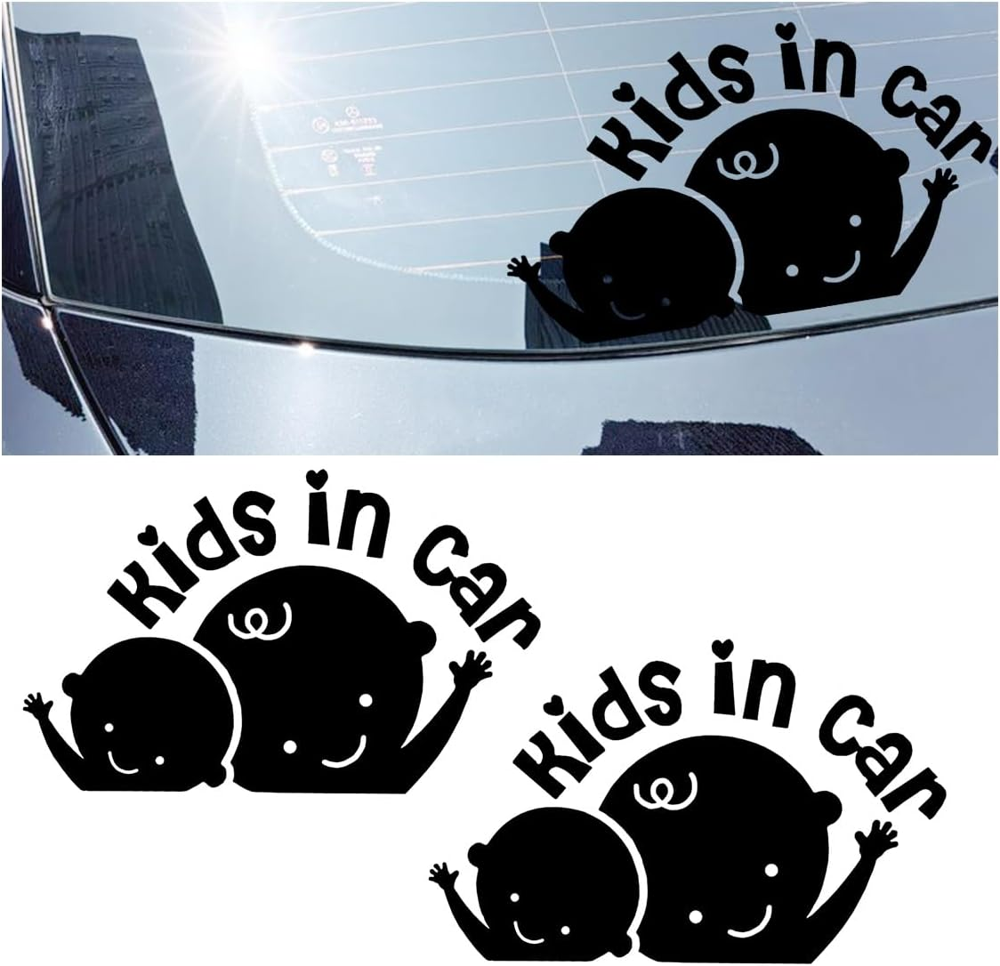 2PCS Kids in Car Sticker Decal, Baby on Board Car Decal, Baby on Board Sign for Car Safety Driving, Kids in Car Funny Vinyl Decal for Car Windows and Bumpers (White)