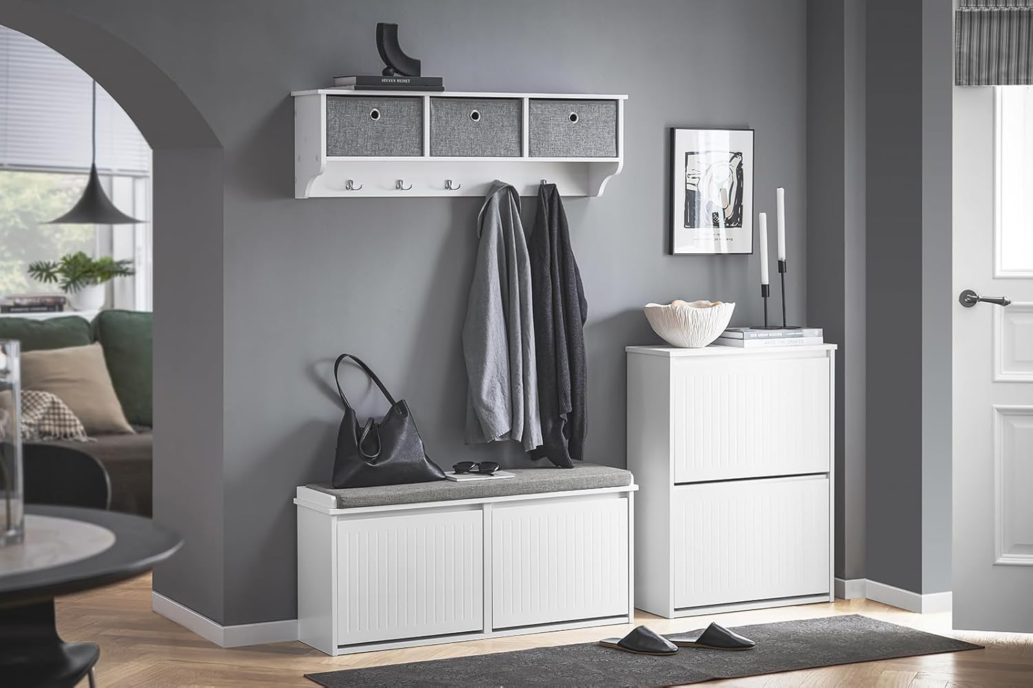 Sobuy Hallway Bench Shoe Cabinet with Seat Cushion and 2 Flip-Drawers FSR98-XL-W