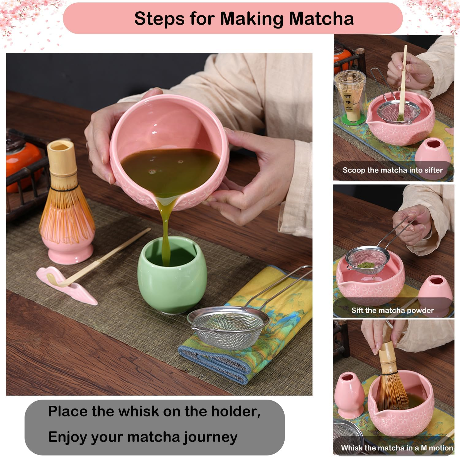 Matcha Whisk Set,5-Piece Ceramic Japanese Matcha Set Includes Matcha Bowl, Matcha Whisk and Holder, Bamboo Scoop, Scoop Rest, Sifter and Tea Towel - Matcha Kit for Matcha Lovers (Pink) image number 5
