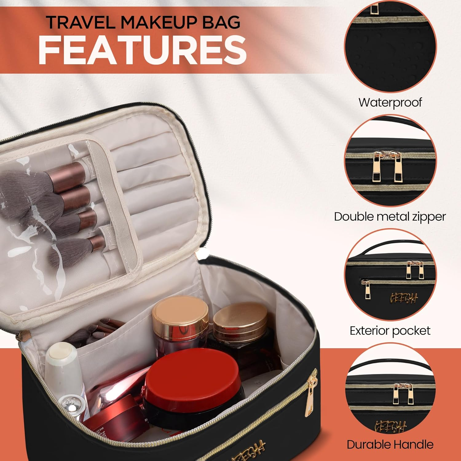 Leesh & CO Makeup Bag - Large Travel Cosmetic Organizer with Brush Holders for Women - Eco-Friendly Vegan Leather, Waterproof & Durable Cosmetics Bag - Perfect for Toiletries, Beauty Products (Black) image number 3