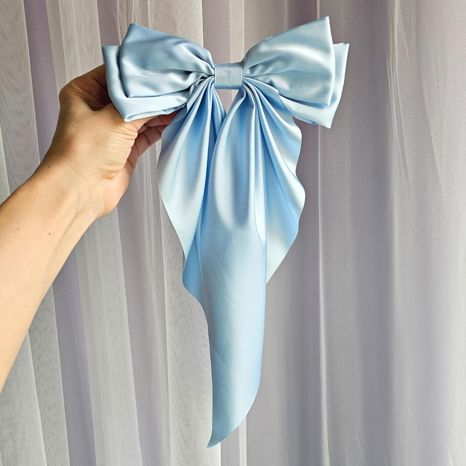Silky Satin Hair Clips with Long Ribbon Big Bows Long Satin Bows with Ponytail Big Silky Bow for Girls Ponytail Accessories Wedding Hair Accessories for Women and Girls image number 4