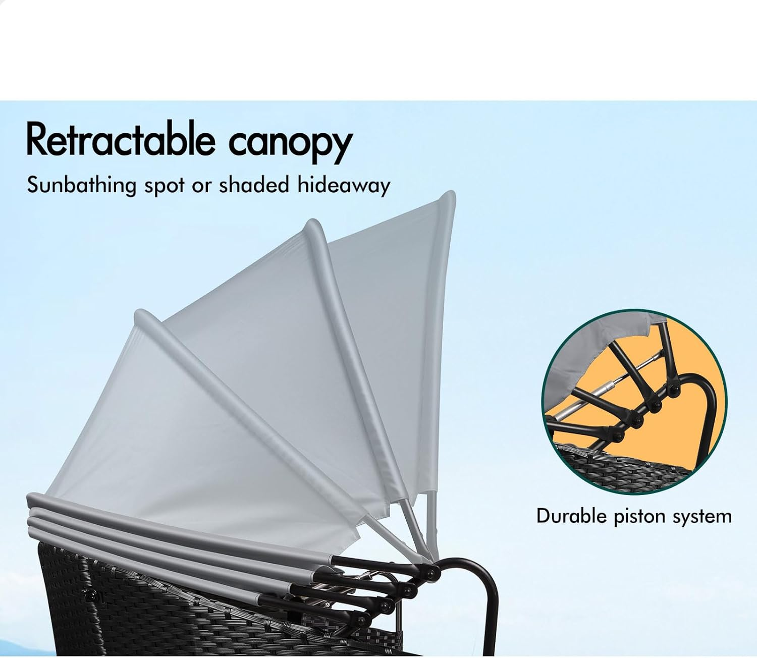 ALFORDSON Sun Bed Sofa 3Pcs with Adjustable Canopy, Wicker Outdoor Tanning Lounger with Fabric Seat Cushions & Pillows, Steel Frame Lounge Chair Furniture for Garden Pool Patio Backyard, Black Grey - Black Grey image number 6