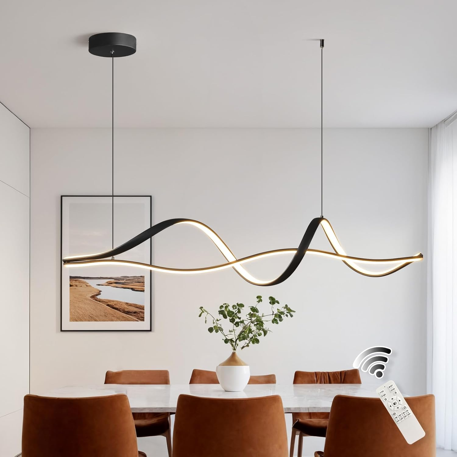 GEADI Modern LED Pendant Light, Dimmable Linear LED Chandelier, 110Cm Wave Kitchen Pendant Lighting over Island, Adjustable Hanging Light Fixture for Dining Room, 3000K-6000K - 40W/Black Wave image number 2