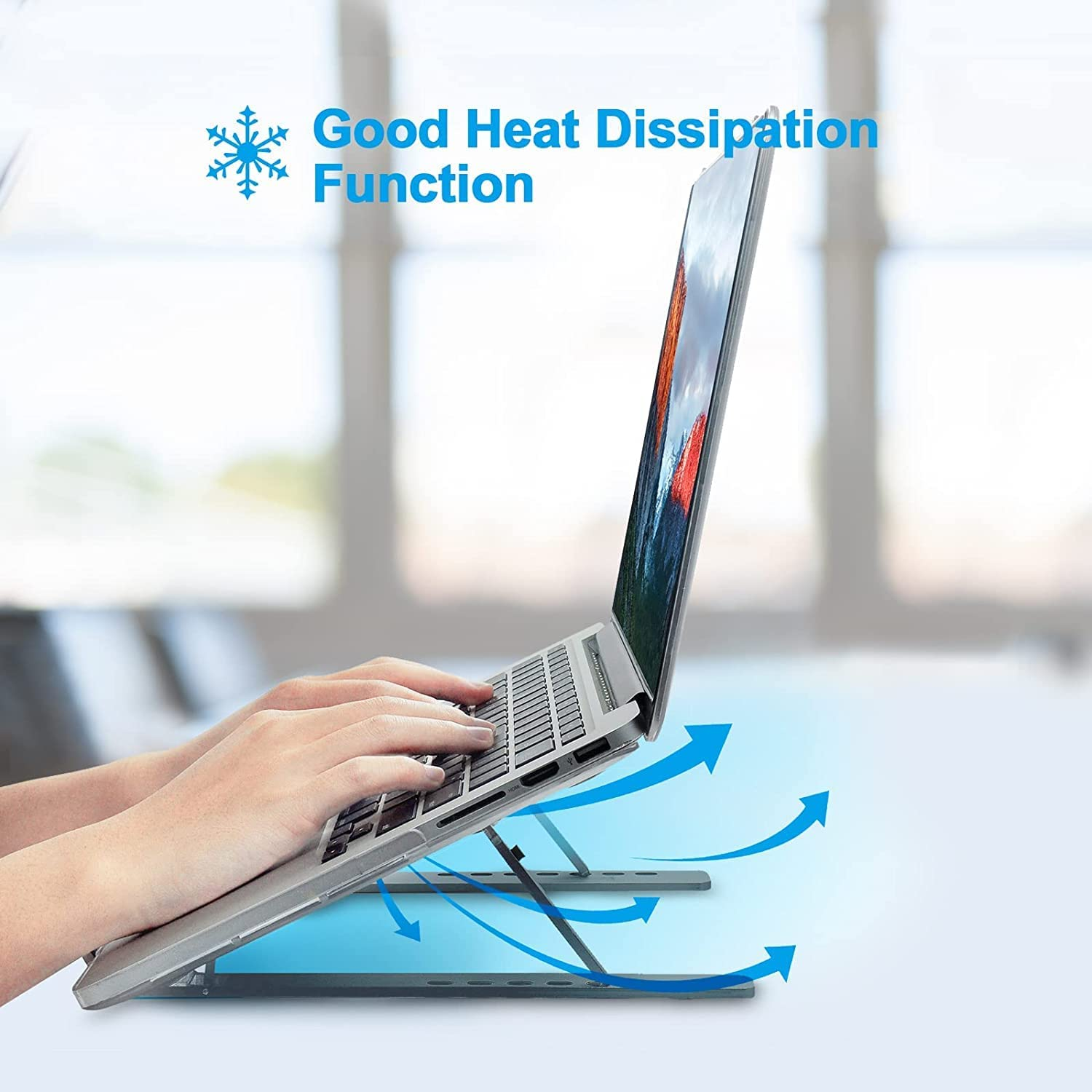 Ixtra Laptop Stand for Desk,Foldable Portable Anti-Slip Aluminum Laptop Holder with 7 Levels Height Adjustment Laptop Riser Compatible with Macbook,Ipad,Dell,10-16&rdquo; Laptops(Grey) image number 5