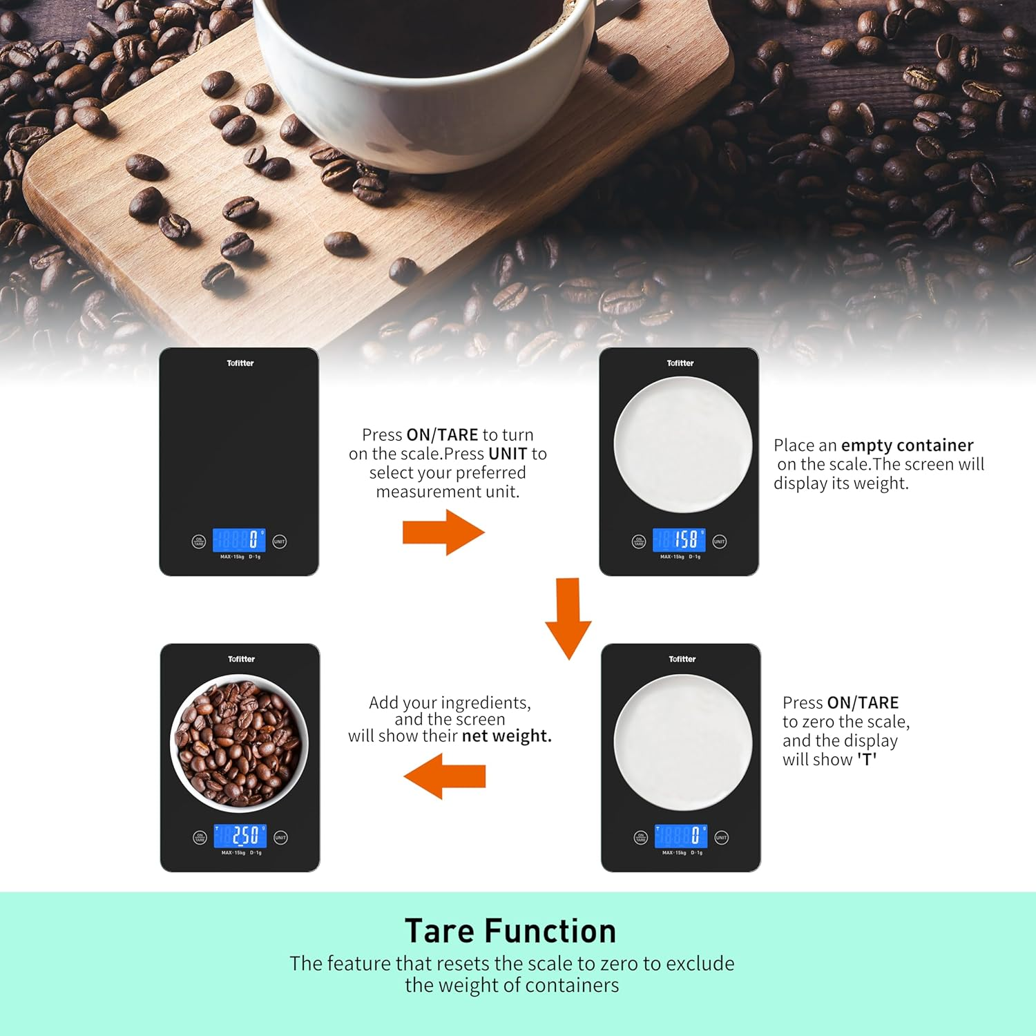 Food Scale.Kitchen Scale,15Kg/33Lb Large Capacity, High Accuracy1G/0.1Oz, USB Rechargeable, Tare Function, Auto-Off, 6 Units, Waterproof, Easy-Clean Glass Platform for Cooking, Baking, Coffee image number 6