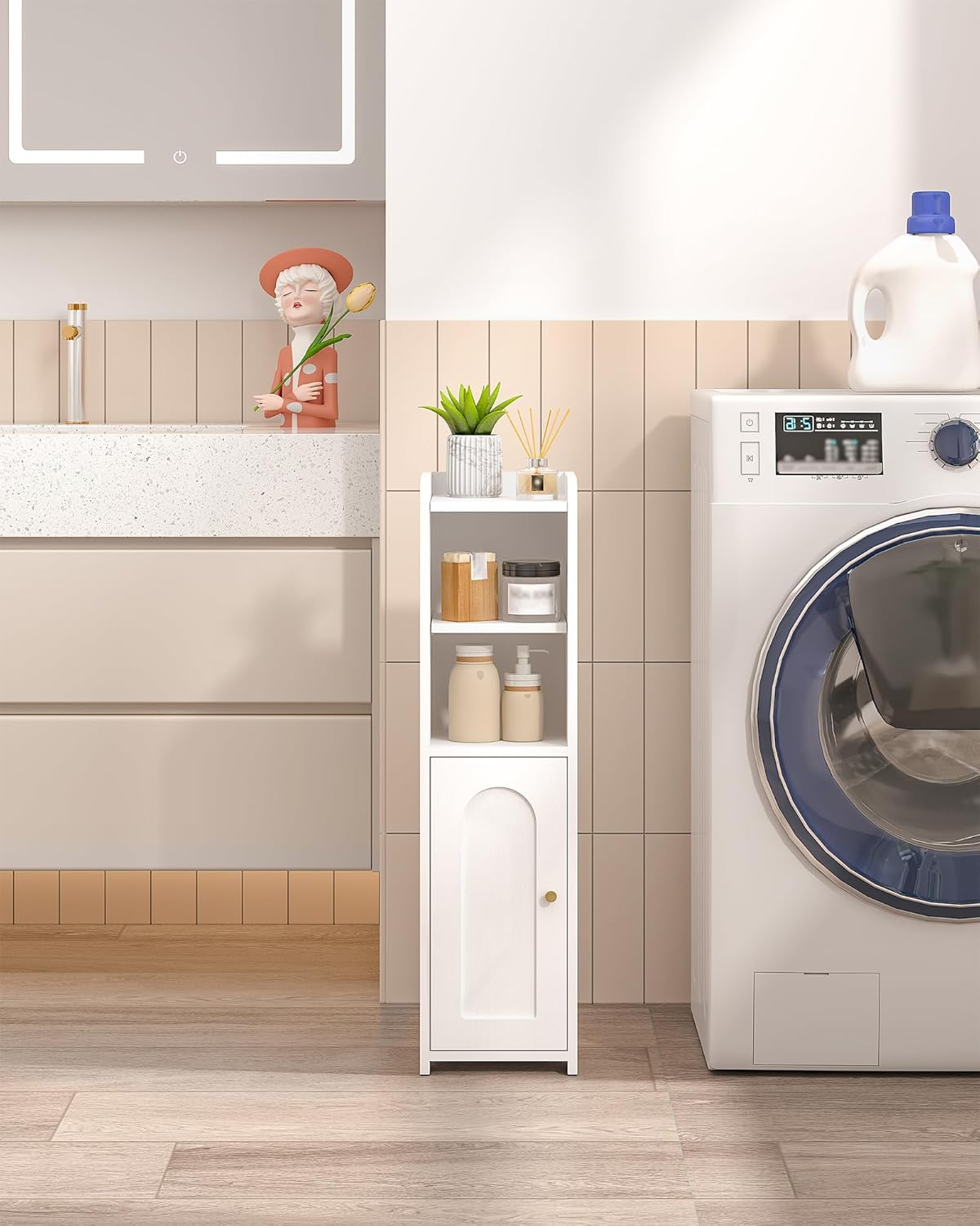 Hzuaneri Bathroom Storage Cabinet, Corner Floor Cabinet with Doors and Adjustable Shelf, Narrow Toilet Paper Cabinets, Bathroom Organizer for Small Spaces, White BC19703X