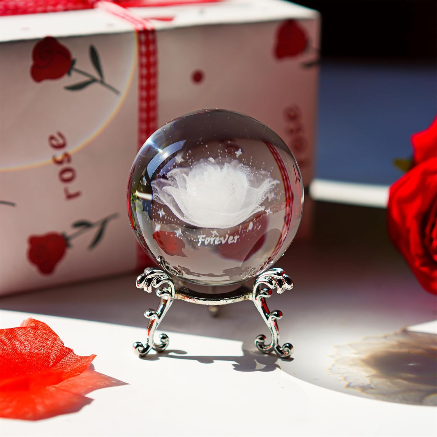 HDCRYSTALGIFTS 60Mm 3D Inner Carving Rose Flower Crystal Ball Paperweight with Sliver Stand Fengshui Home Decor - Cherry Blossoms image number 5