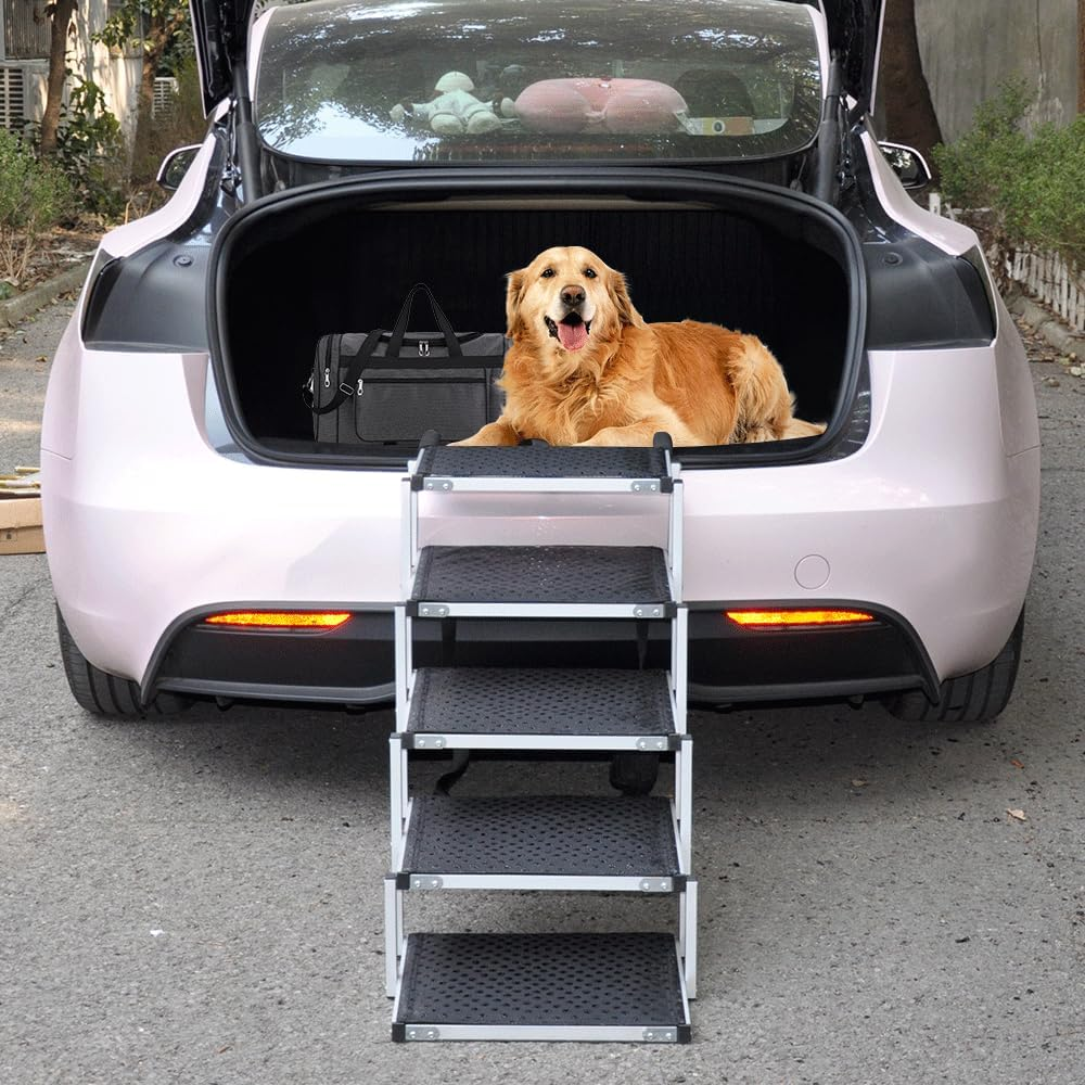 Melpet Folding Dog Stair Lightweight Aluminium Dog Ramp Adjustable Height 5 Steps Pet Ladder Loads up to 70Kg with Non-Slip Surface for Cars Trunk SUV Trucks image number 5