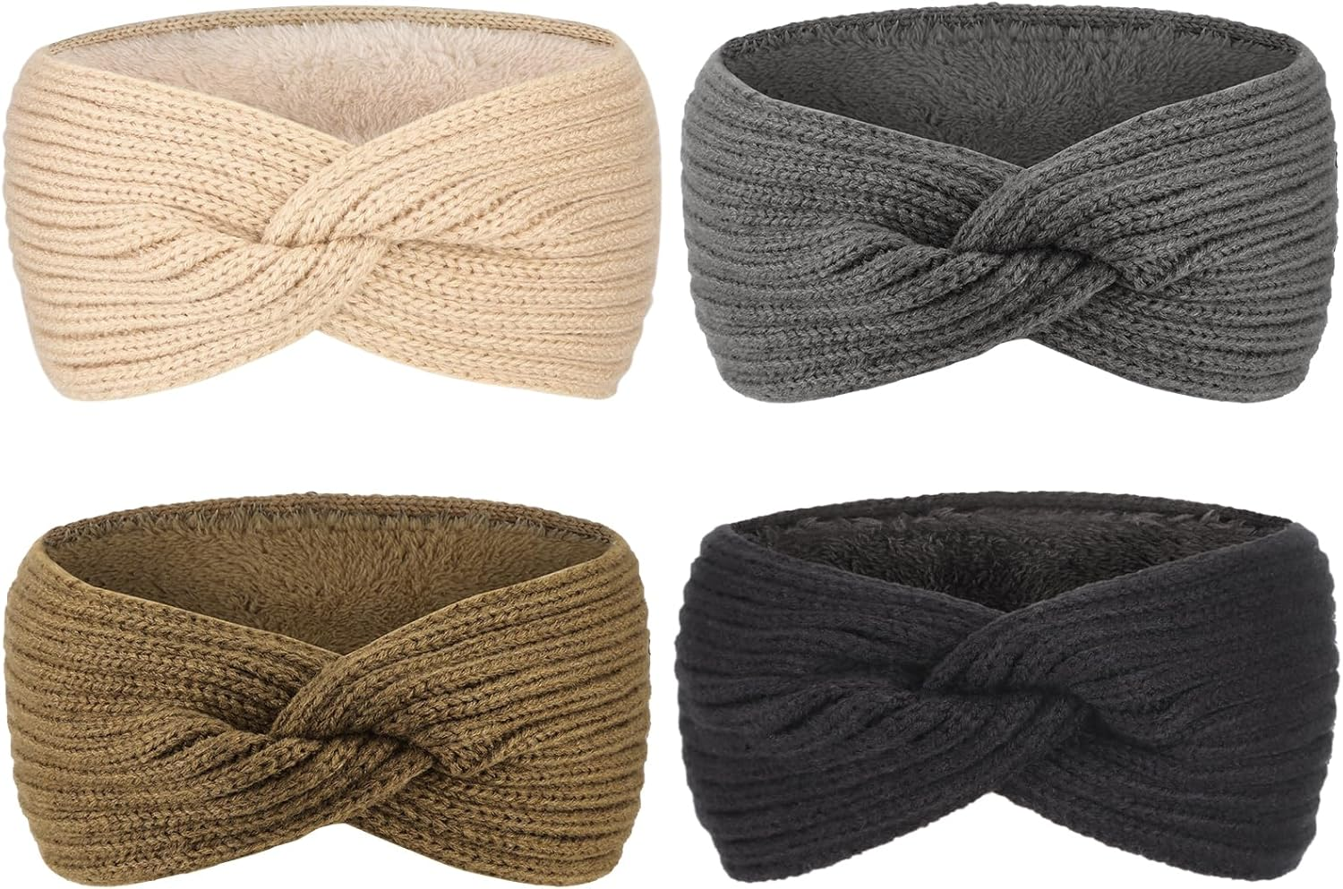 DRESHOW Women'S Warm Knitted Headband Winter Ear Warmers Crochet Head Wrap Thick Fleece Lining Hair Bands, 4Pcs Cross Style Set23M-A01Uk, 1 St&uuml;ck (4Er Pack) image number 1