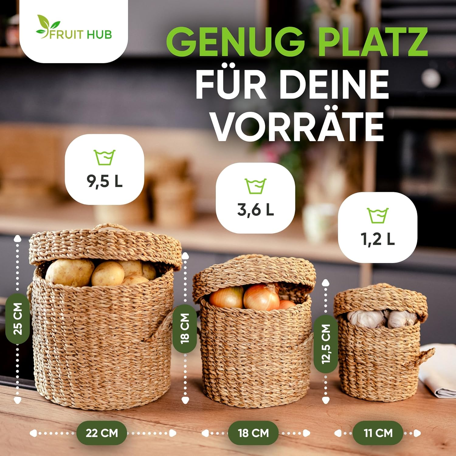 Fruit Hub&reg; Seagrass Potato & Onion Storage Box - Set of 3 Natural Vegetable Containers - Breathable & Lightproof - Sustainable Kitchen Organisation image number 1