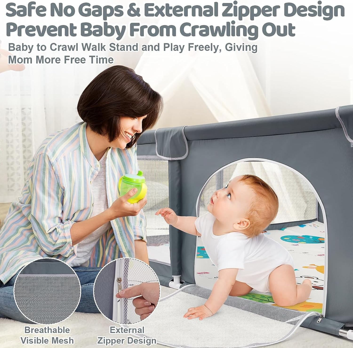 Large Baby Playpen with Mat - 200 X 180 Cm Baby Play Yard for Toddler Indoor & Outdoor Kids Activity Center, Sturdy Safety Play Yard with Soft Breathable Mesh image number 6