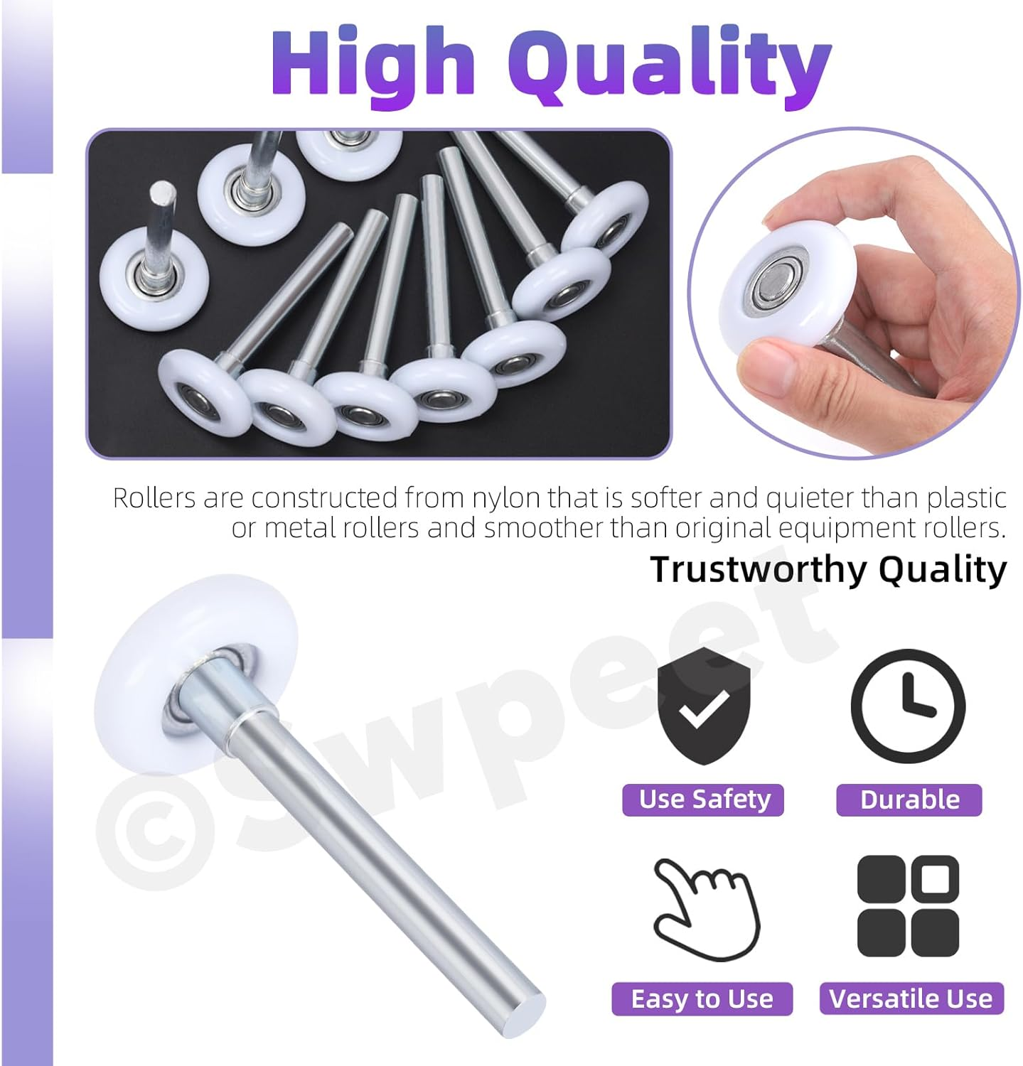 Swpeet 10Pcs Quiet Garage Door Rollers Nylon Door Wheels Replacement Garage Roller, Reinforced Dual Cage, White 1.8" 13 Ball Bearing 4" Stem, Durable and High Load, High Performance Bearing for Door image number 1